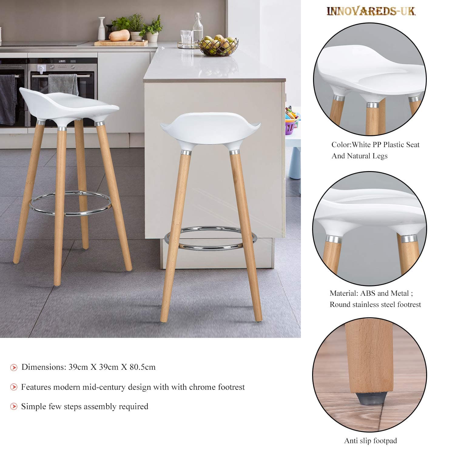 Homy Casa Set of 2 30" Scandinavian Breakfast Bar Stools Kitchen Chairs Solid Wooden Legs-white
