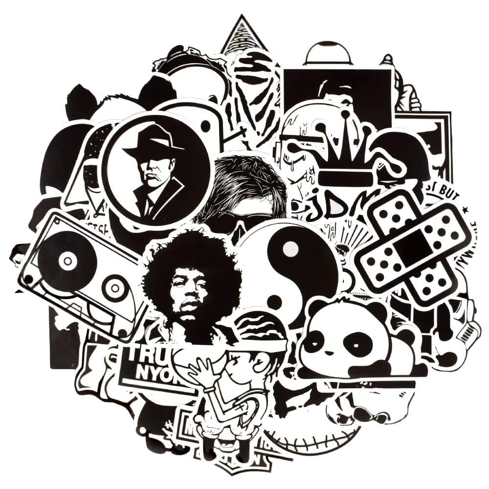 QTL Waterproof Vinyl Stickers for Laptop Bumper Car Decals (50 Pcs Black and White Style)