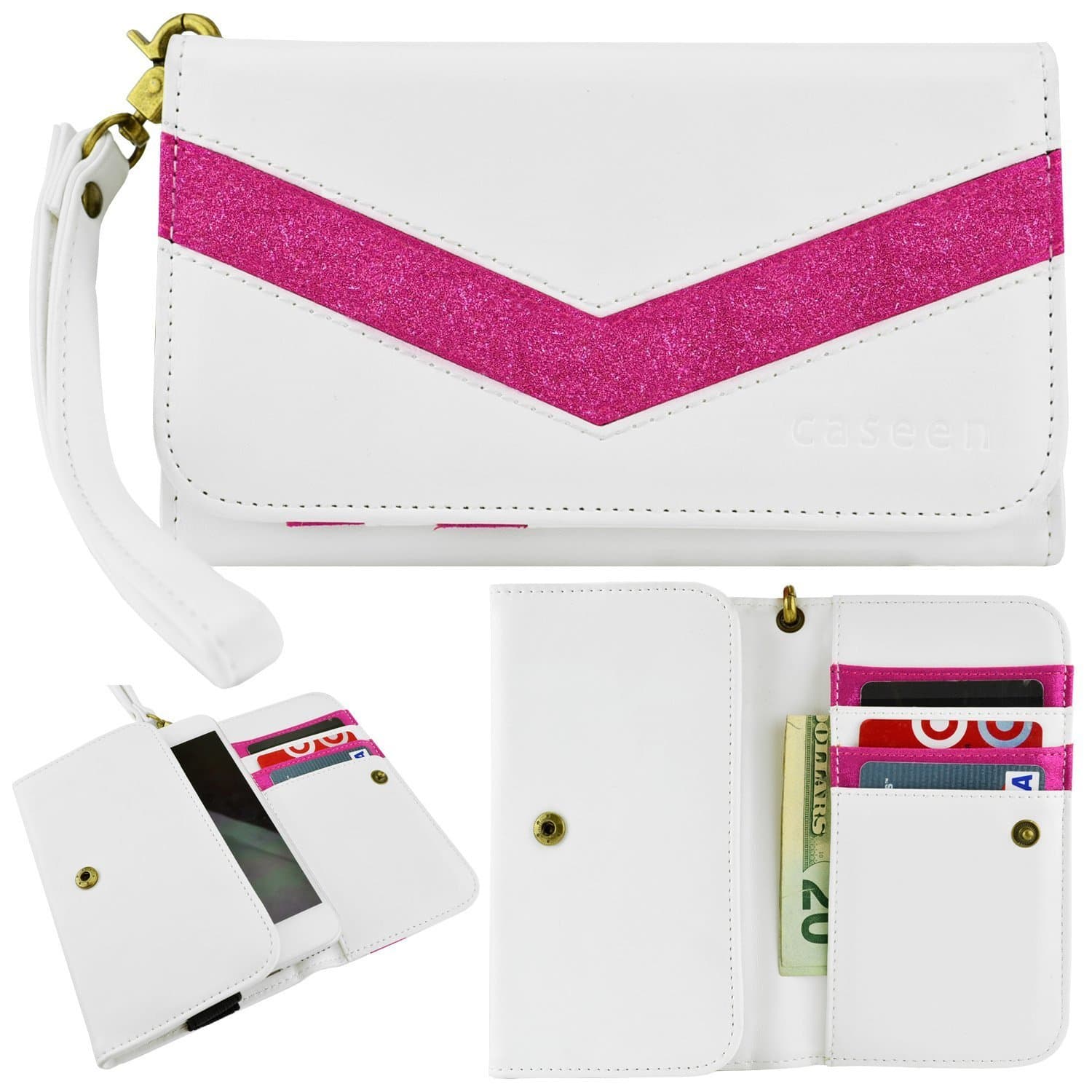 caseen ViVi Women's Smartphone Wallet Clutch Wristlet Case (White/Glitter Pink) for HTC One remix, Desire 612, KYOCERA Brigadier, Nokia Lumia 928, Blackberry Q10, Z10, Z30, Bold 9930, LG Enact, Lucid 3, Samsung ATIV SE