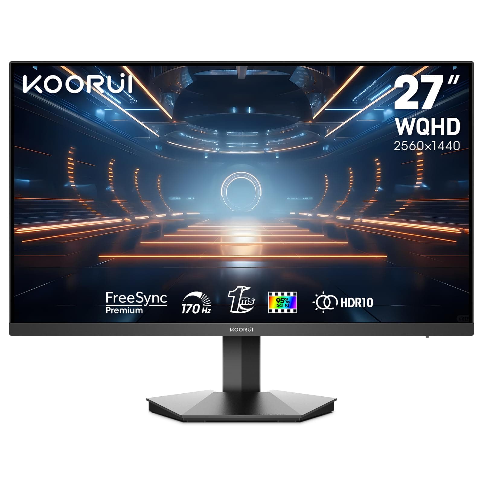 KOORUI Monitor, 27" QHD IPS Gaming Monitor, 170Hz, 1ms, HDR400, Compatibility G-Sync and FreeSync, Tilt Pivot Swivel Vertical Height Adjustable，2 HDMI 2.0 & 1 DisplayPor 1.4
