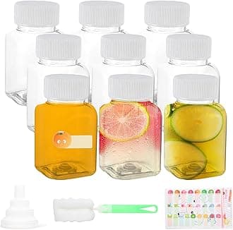 9Pcs 3.5oz/100ml Plastic Juice Bottles with Lids, Leak-proof Reusable Shot Bottles with Label, Funnel and Brush, for Storing Juices, Water,Milk
