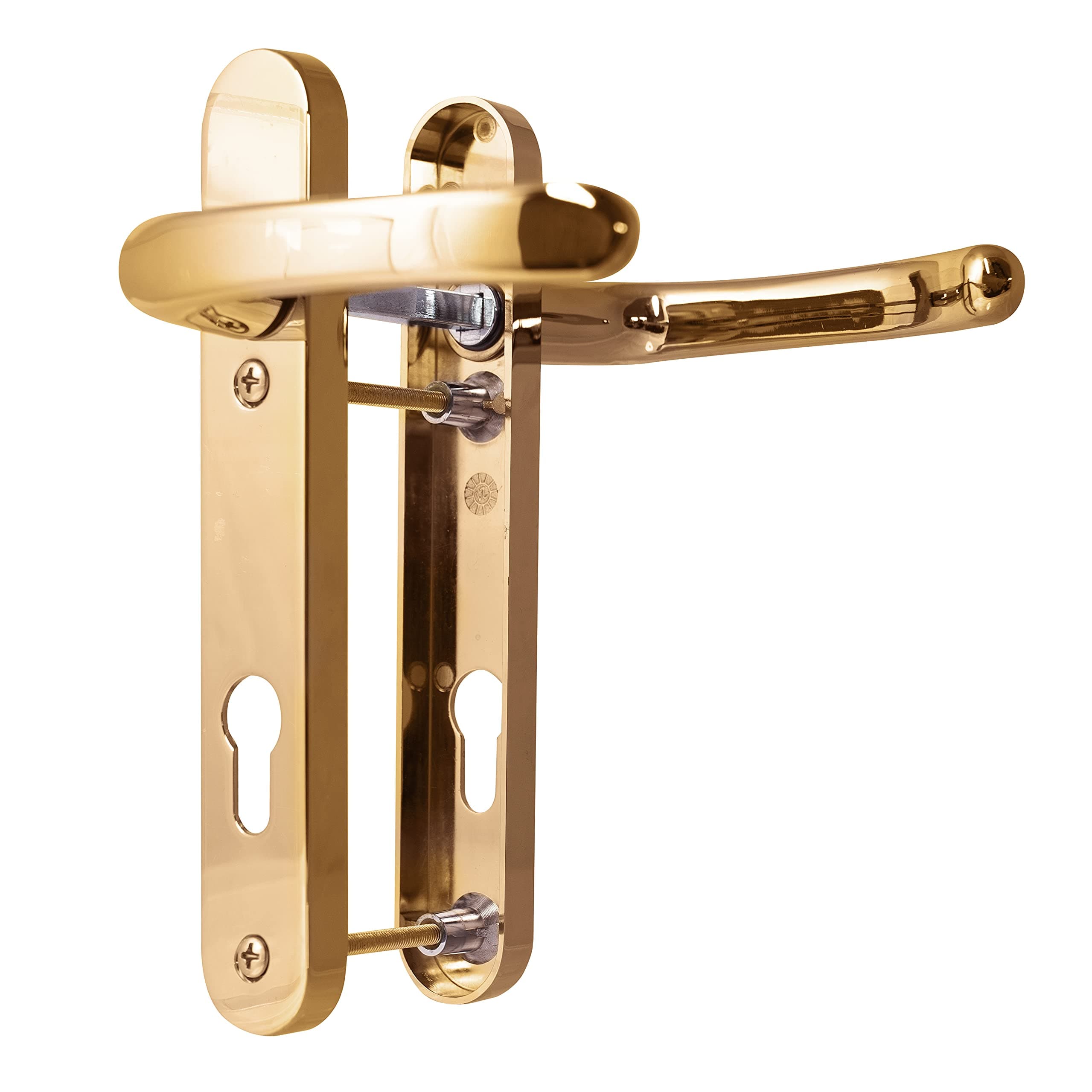 UPVC Door Handles Set - Polished Brass - Lever/Lever - 92mm PZ (Centres) - 122mm Screw to Screw - Backplate 212mm X 34mm - UPVC Door Handle - Polished Brass Replacement Handles - PVC Door Handle