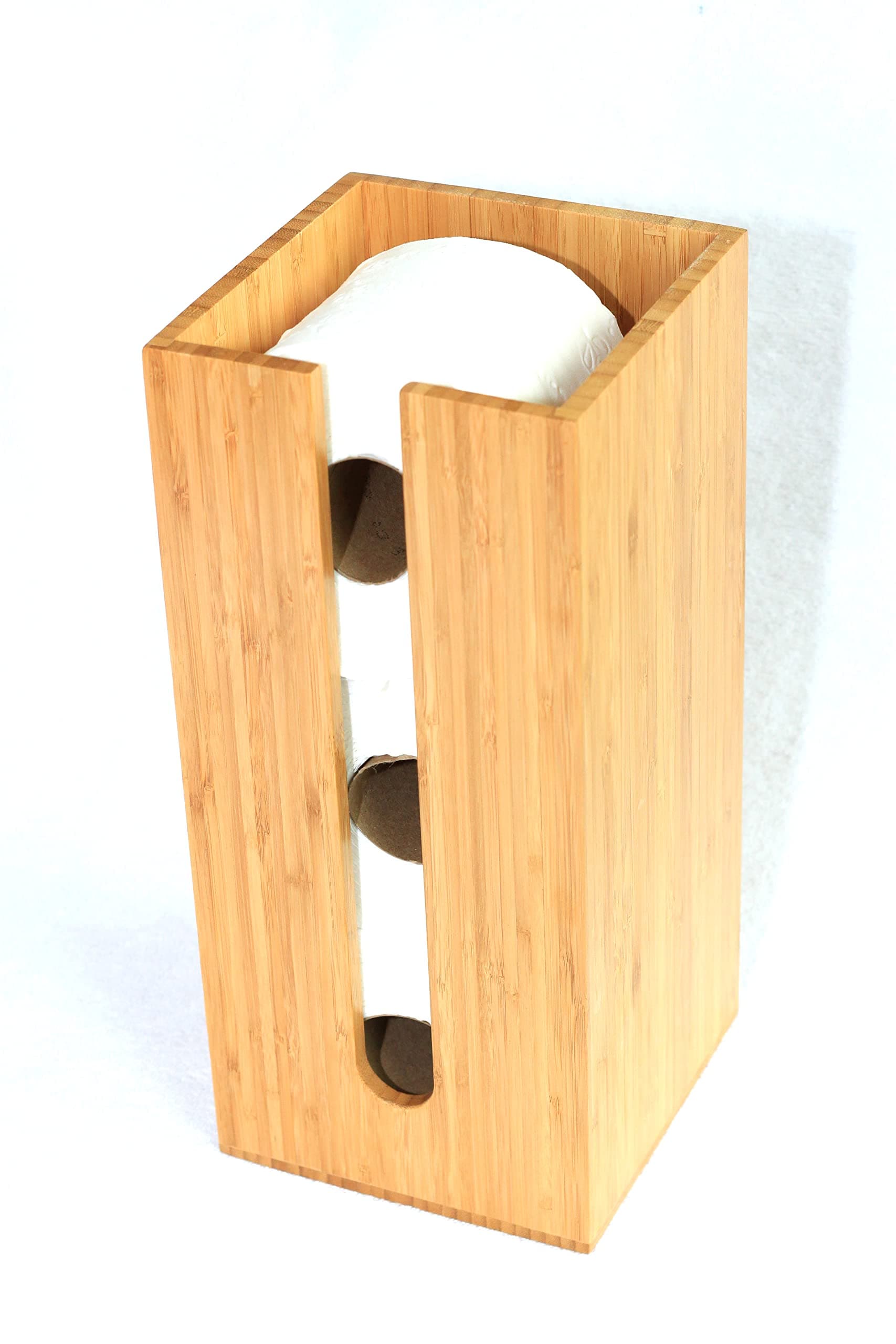 Bamboo Toilet Paper Holder perfect for toilet paper storage or general bathroom storage, a freestanding toilet paper holder handmade from biodegradable bamboo