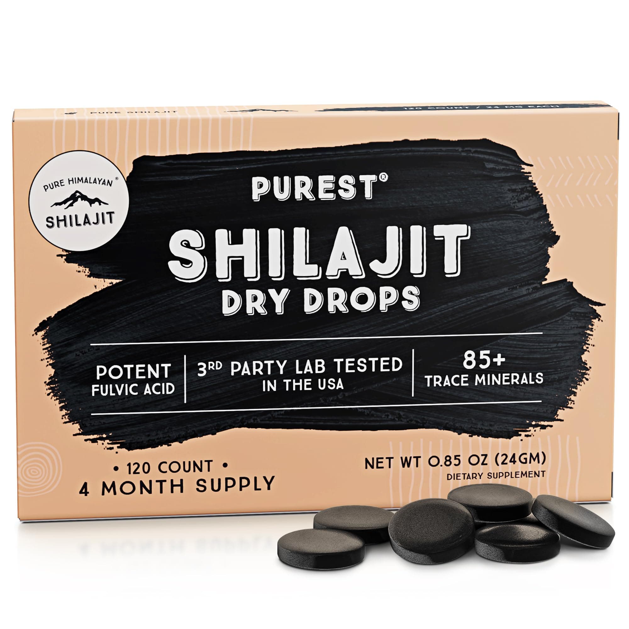Dry Drops, 100% Pure Natural Shilajit, Grade A, Max Potency 85+ Clean Trace Minerals & Fulvic Acid for Energy, Metabolism & Immune Support Supplement for Men & Women (120 tabs)
