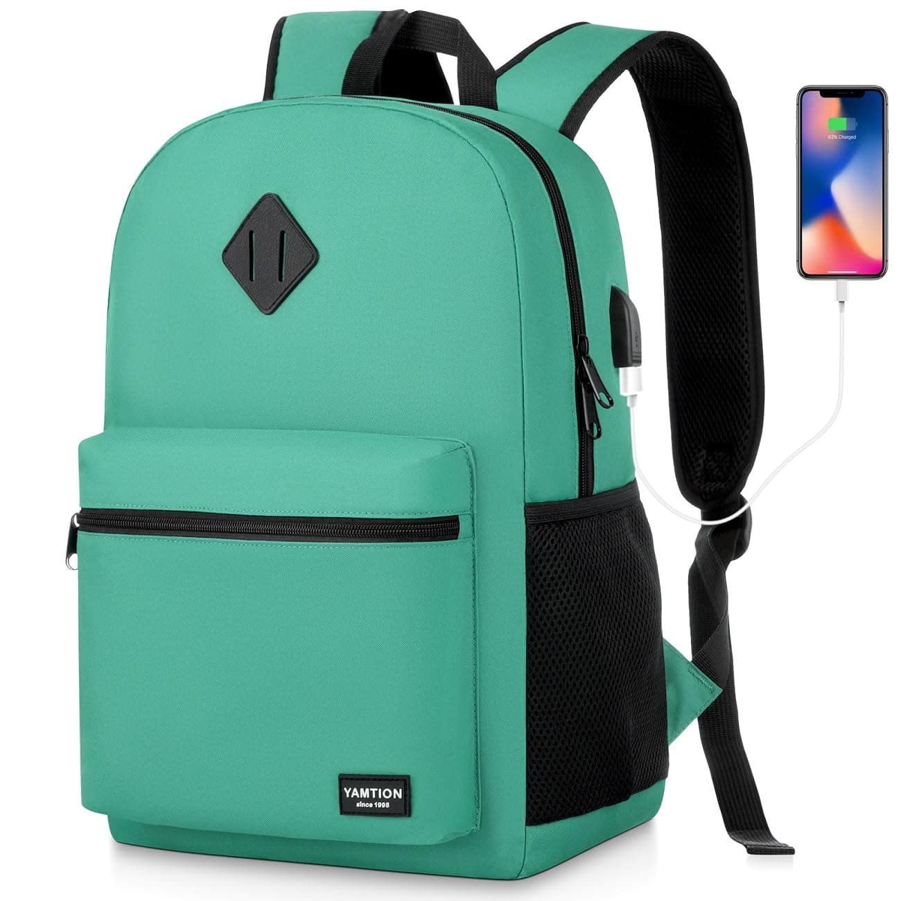 YAMTIONSchool Backpack for Teens,Green Bookbag Classic Backpack with USB Port for High School College Students