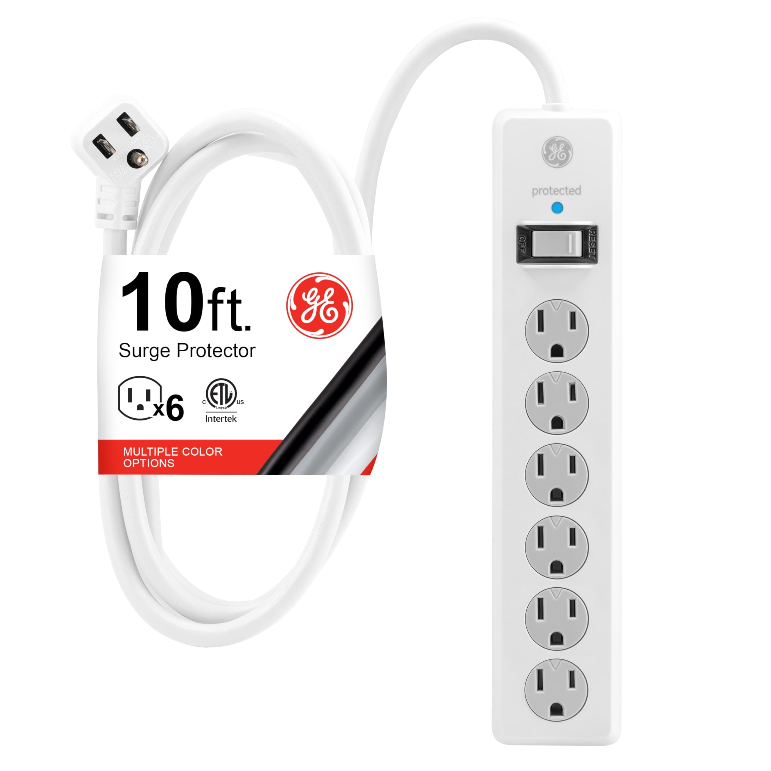 GE 6-Outlet Surge Protector, 10 Ft Extension Cord, Power Strip, 800 Joules, Flat Plug, Twist-to-Close Safety Covers, UL Listed, White, 14092