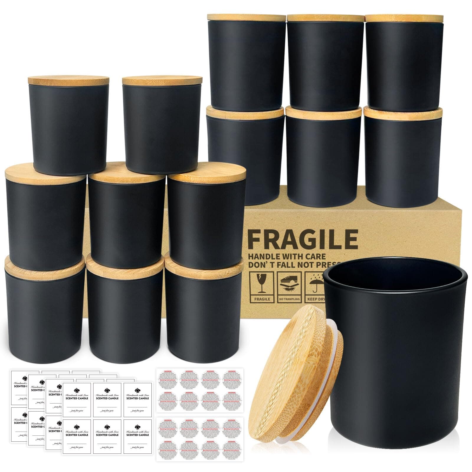 SUPMIND Candle Glass Jars Pack of 15 - 7oz Matte Black Empty Candle Jars with Bamboo Lids and Candle Labels Bulk Candle Containers for Making Candles - Dishwasher Safe