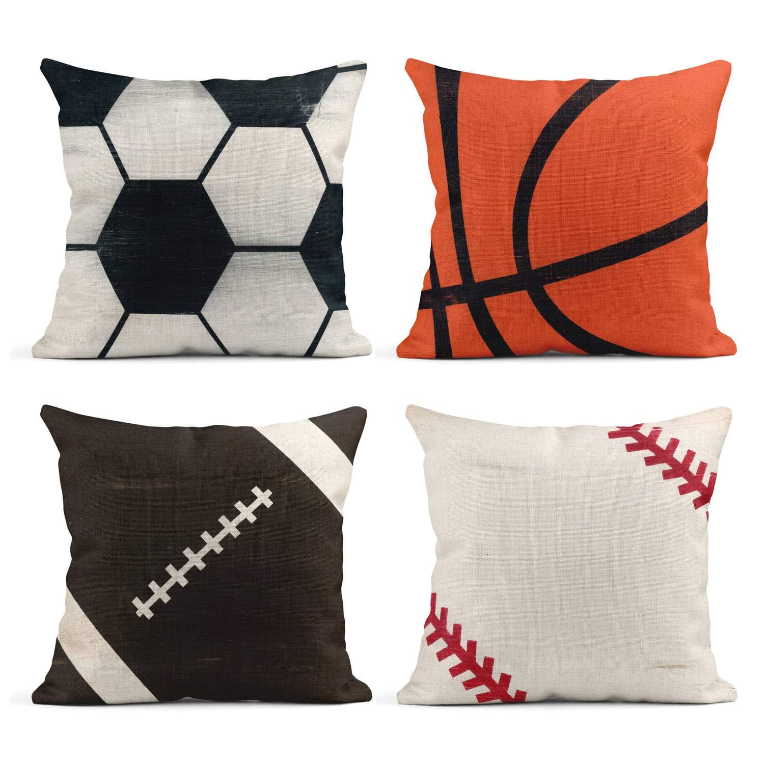 Emvency Tarolo Set of 4 Linen Throw Pillow Cover Case Rustic Soccer Baseball Football Decorative Pillow Cases Covers Home Decor Square 18 x 18 Inches Pillowcases