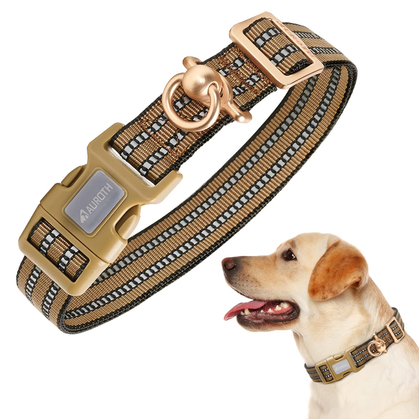 Auroth Dog Collar for Medium Large Dogs, Reflective Dog Collar, Soft Nylon Adjustable Dog Collars with Heavy Duty Metal D Ring Tangle Free (Large:15.7"-27.1", Army Yellow)