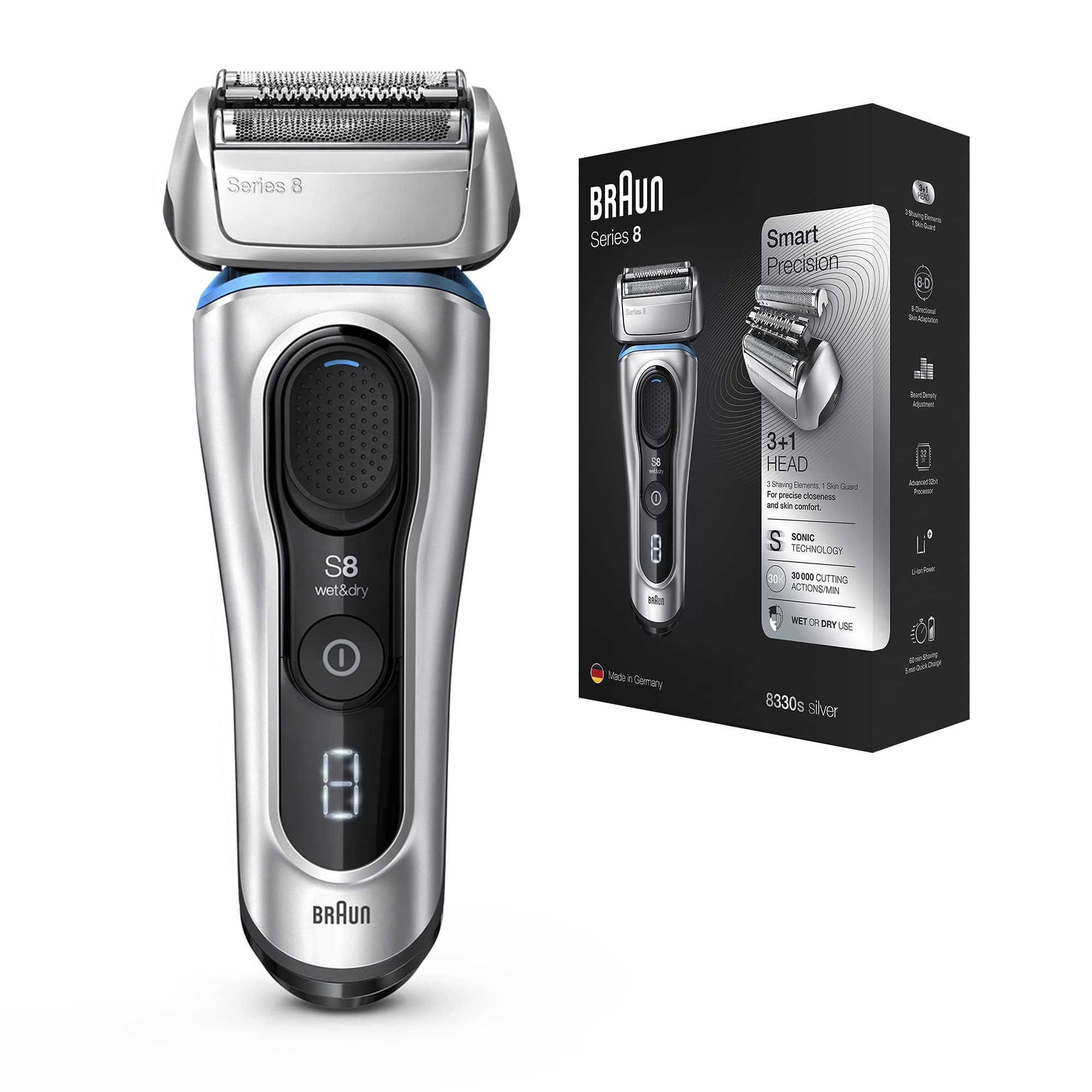 Braun Series 8 8330s Next Generation, Electric Shaver for Men, Rechargeable and Cordless Razor, Silver, Fabric Travel Case, Wet and Dry, Foil Shaver