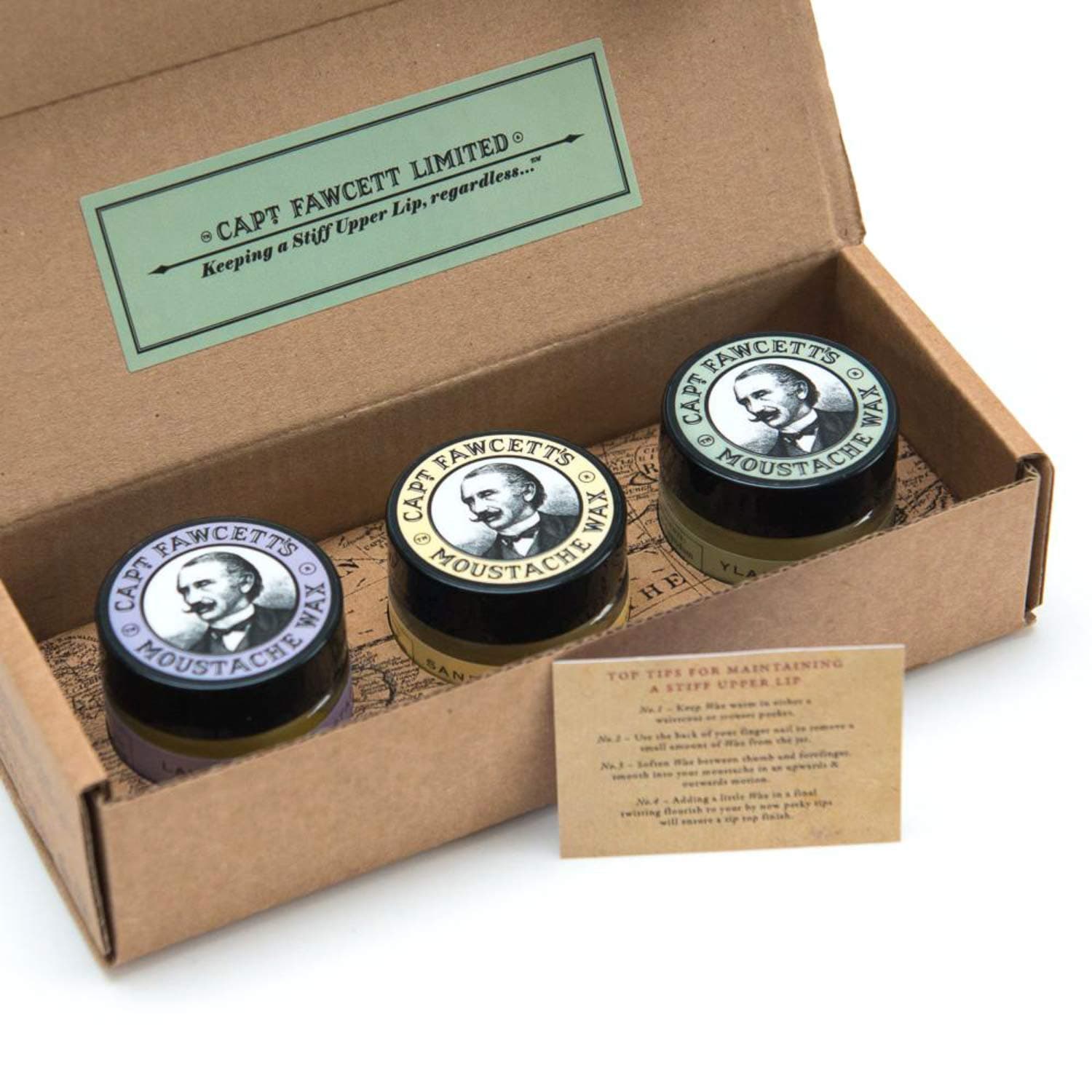 Captain Fawcett's Moustache Wax Cornucopia - 0.5oz (15ml) Jars, each of Lavender, Sandalwood & Ylang Ylang Moustache Wax