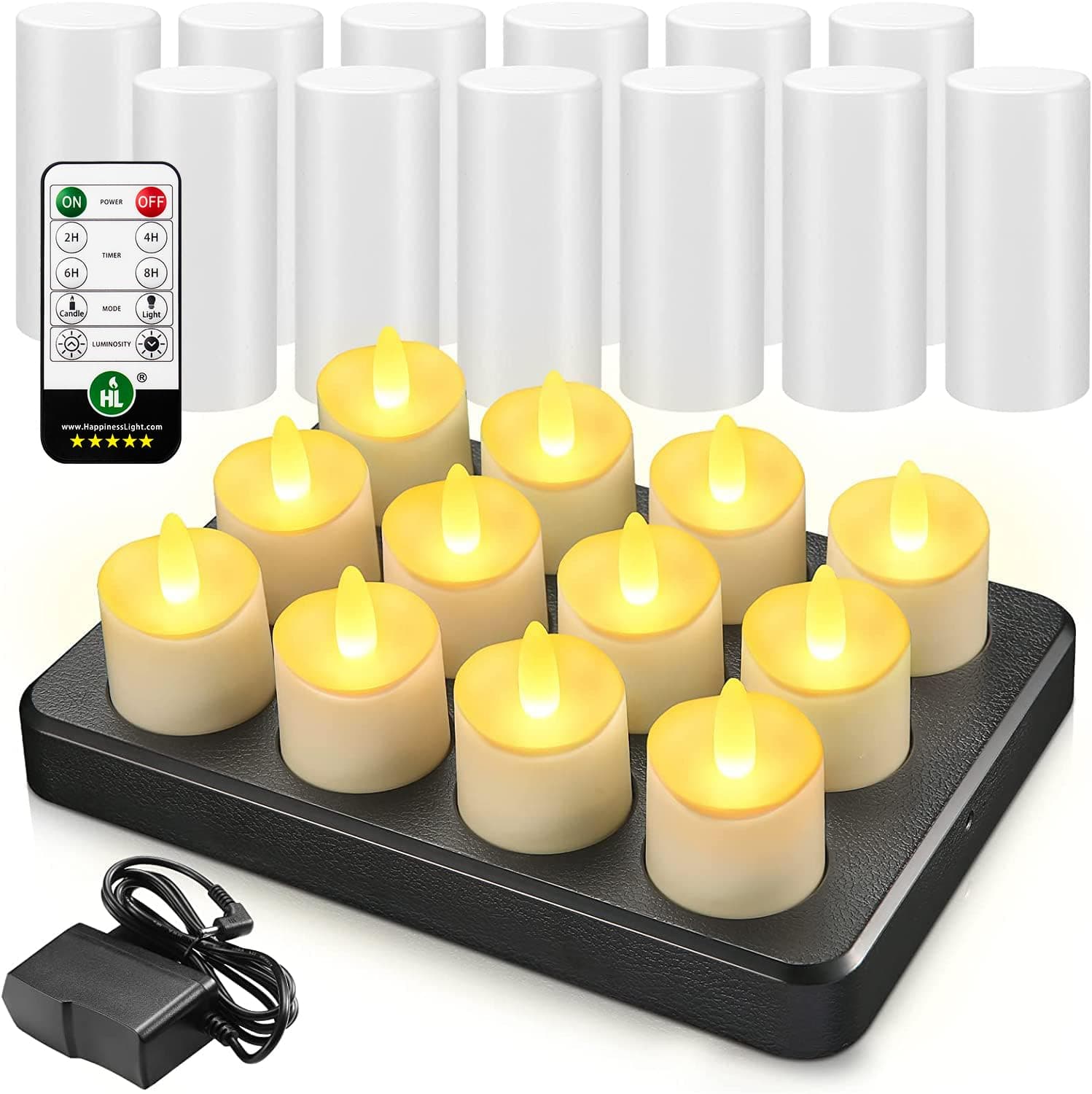 HL Flameless Candles with Remote Timer, 100+Hours Rechargeable Waterproof Outdoor Candles Tea Lights with Charging Base, Warm White LED Votive Floating Tealights for Festival Wedding Party Decor-12pcs