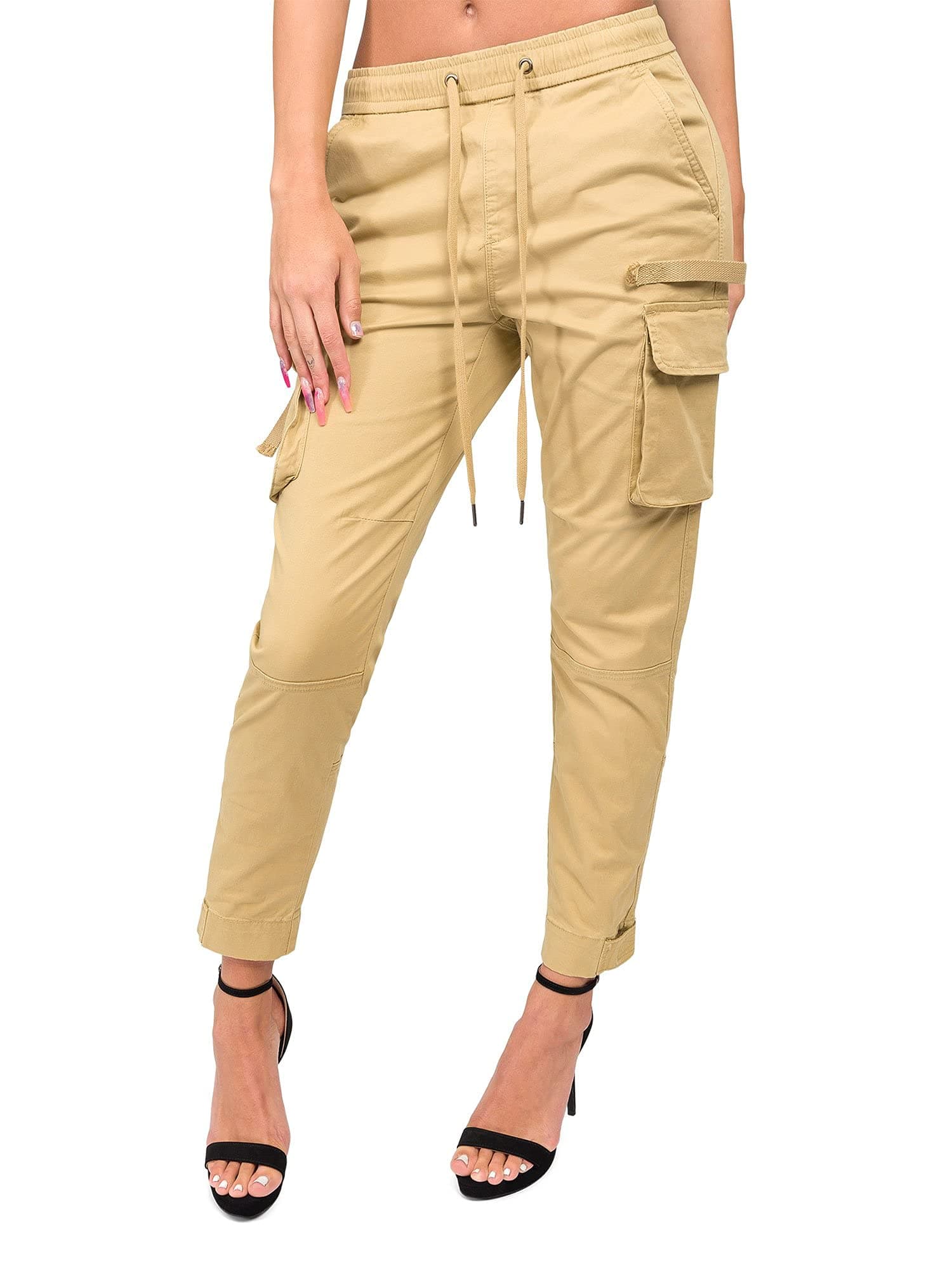 American BaziWomen's High Waist Drawstring Waist Cargo Joggers RJJ2898 - Khaki - Small