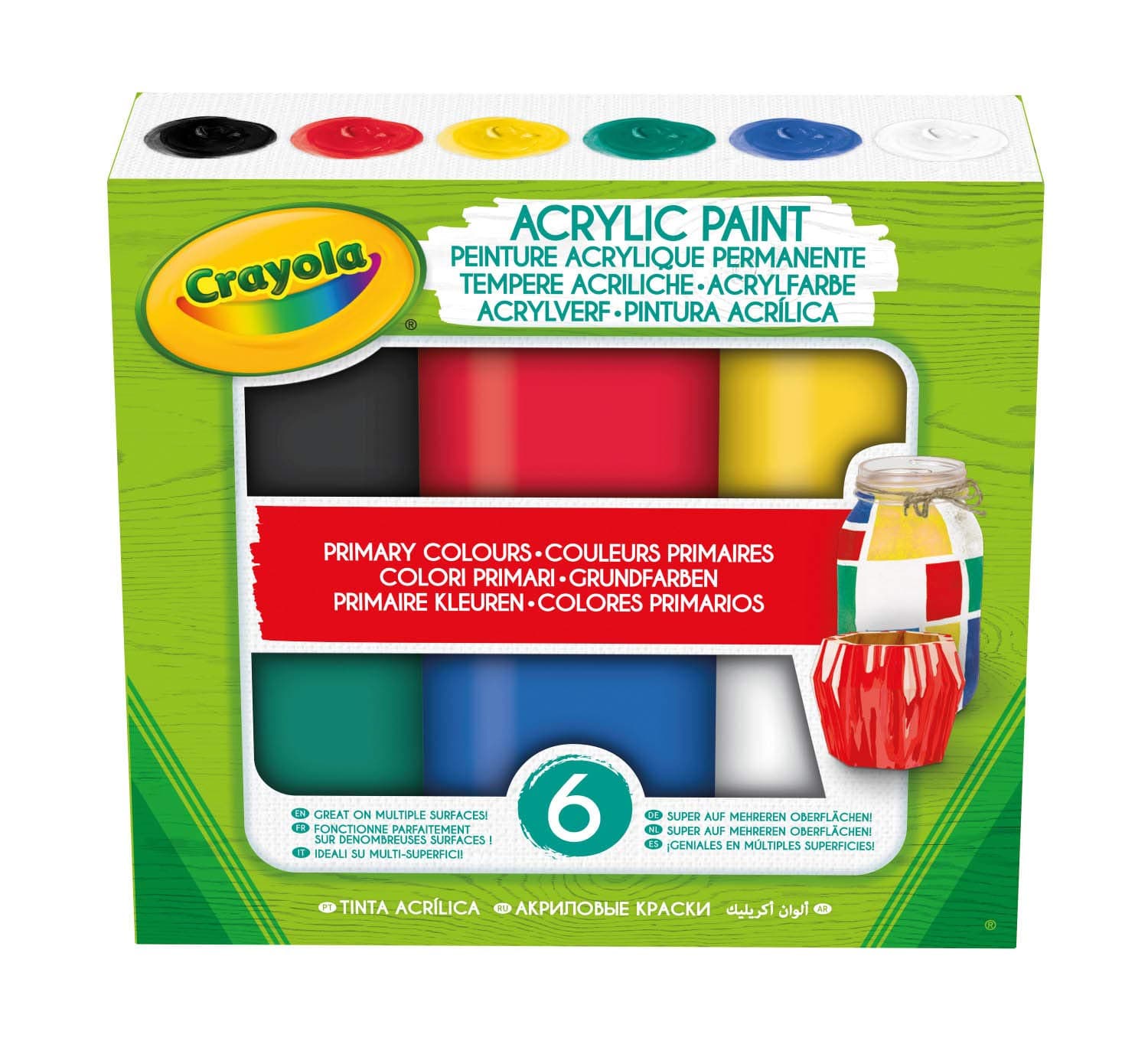 CRAYOLA 6 Acrylic Tempera Paints, Sunset Colours in Resealable Jars Ready to Use for School and Leisure Primary Colours /