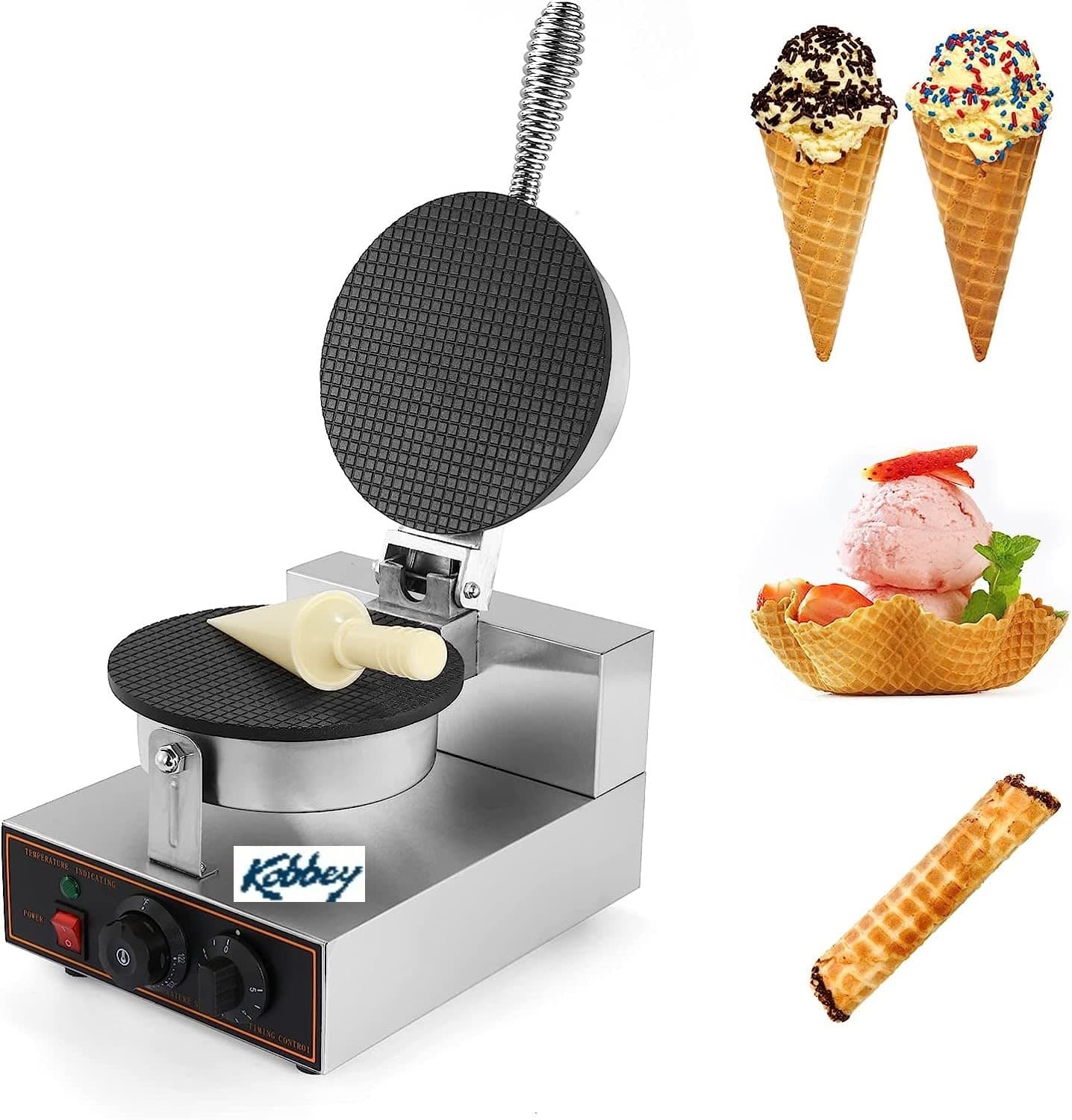 Round Waffle Cone Maker Machine with handle with 2 Year Warranty, Silver