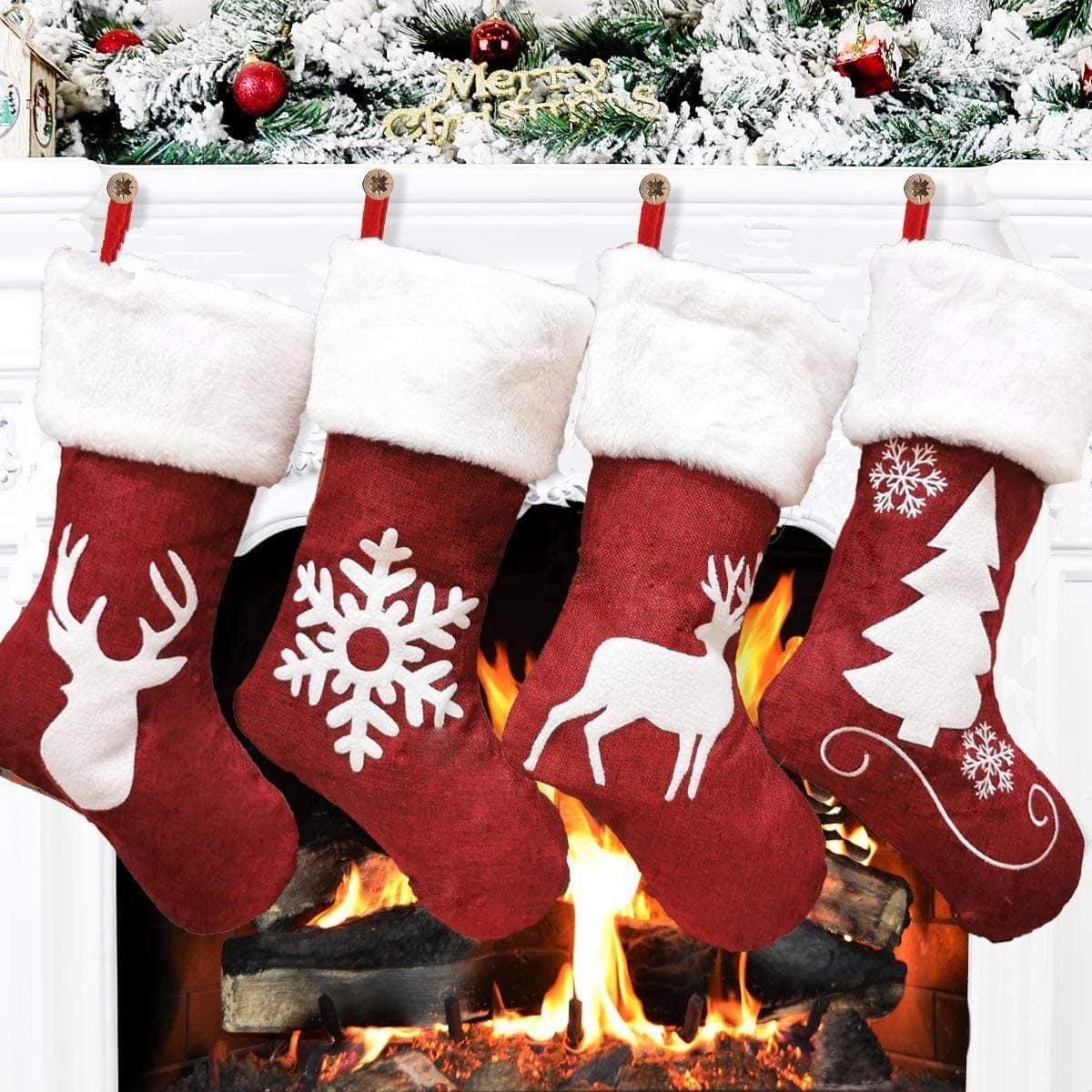 Dremisland Large Christmas Stocking Set of 4, 18 Inch Red Christmas Stockings with Reindeer and Plush Faux Fur Cuff Hanging Stockings for Family Holiday Xmas Party Decorations