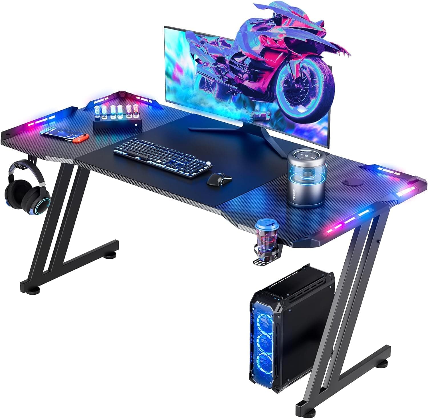47 Inch Gaming Desk with LED Lights, Large RGB Computer Gaming Desk Table with Cup Holder Headphone Hook Mouse Pad, Ergonomic Modern Carbon Fiber Mesa Gamer Pc Work Home Office Desks, Black