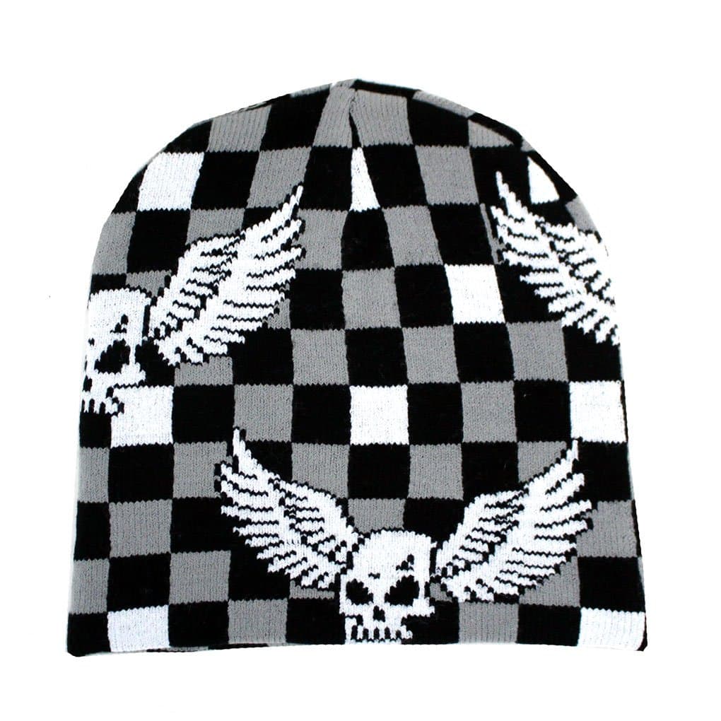 Leema Enterprises Black, Gray and White Checkered Beanie Withe Skull and Wings