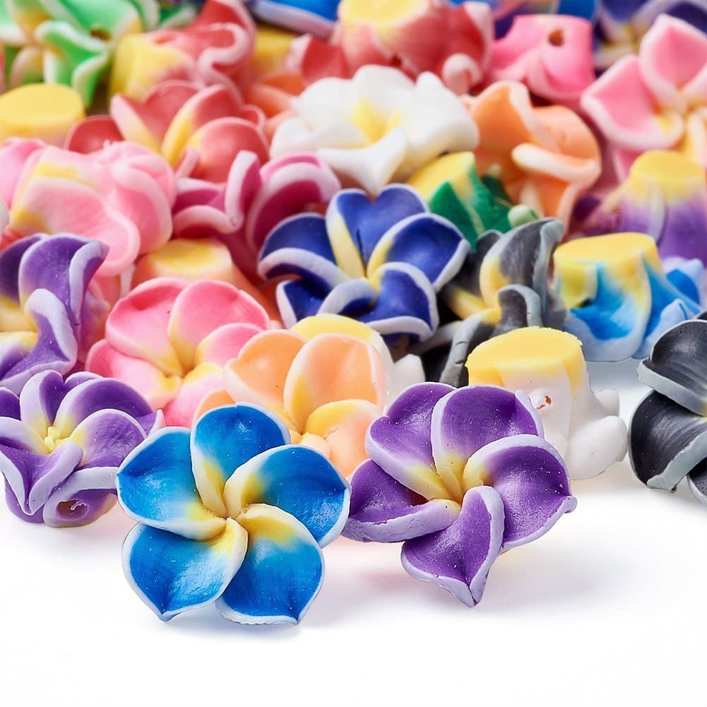 KISSITTY 200-Piece Random Mixed Color Handmade Polymer Clay 3D Plumeria Flower Spacer Loose Beads 12x8mm with Holes 1-1.6mm for DIY Jewelry Craft Making