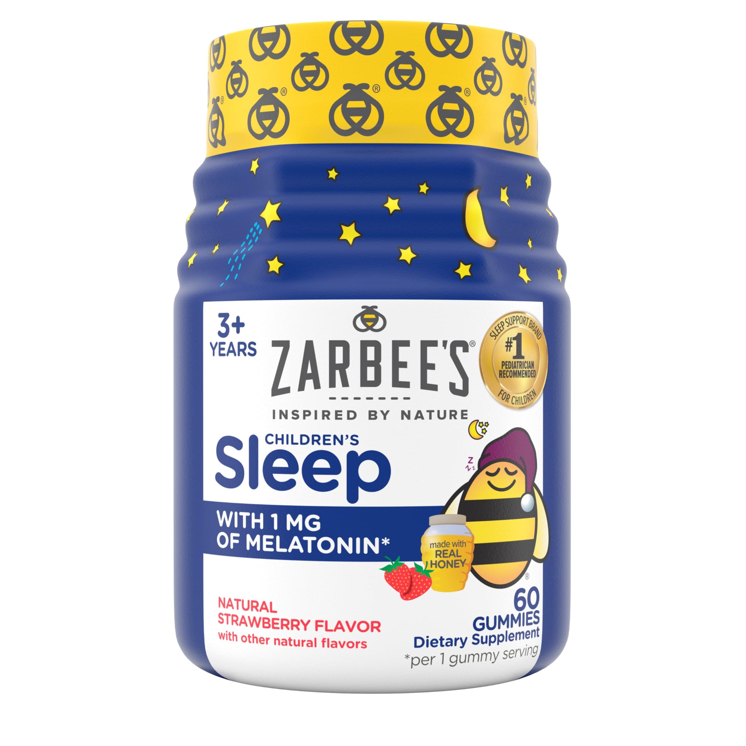 Zarbee's Kids Melatonin Gummies with 1mg Melatonin, Kids Sleep Gummy, Promotes Peaceful Sleep, Drug-Free, Non-Habit-Forming, Natural Strawberry, 60 ct