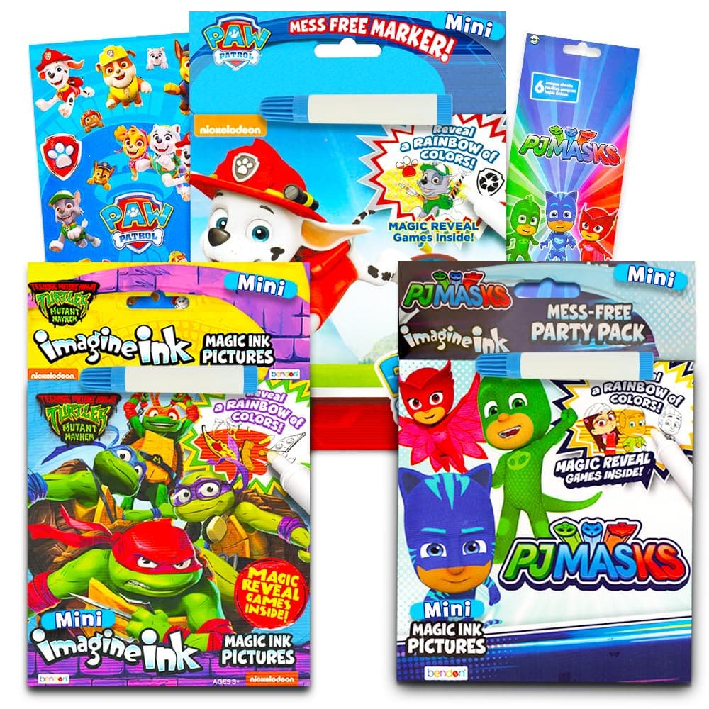 Disney Magic Ink Coloring Book Set - Bundle of 3 Imagine Ink Books for Boys Kids Toddlers Featuring PJ Masks, Paw Patrol and TMNT with Invisible Ink Pens and Stickers
