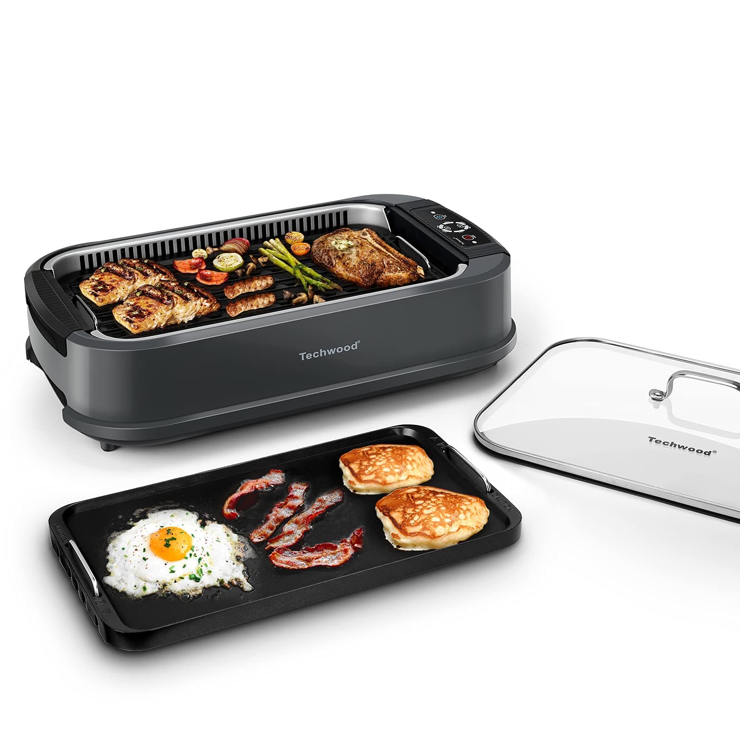 Indoor Grill, Techwood 1500W Smokeless Electric Grill with 2 in1 Nonstick Grill/Griddle Plates, Portable Korean BBQ Grill with 6-Level Control, Glass Lid, Dishwasher Safe, Double Plates, Gray