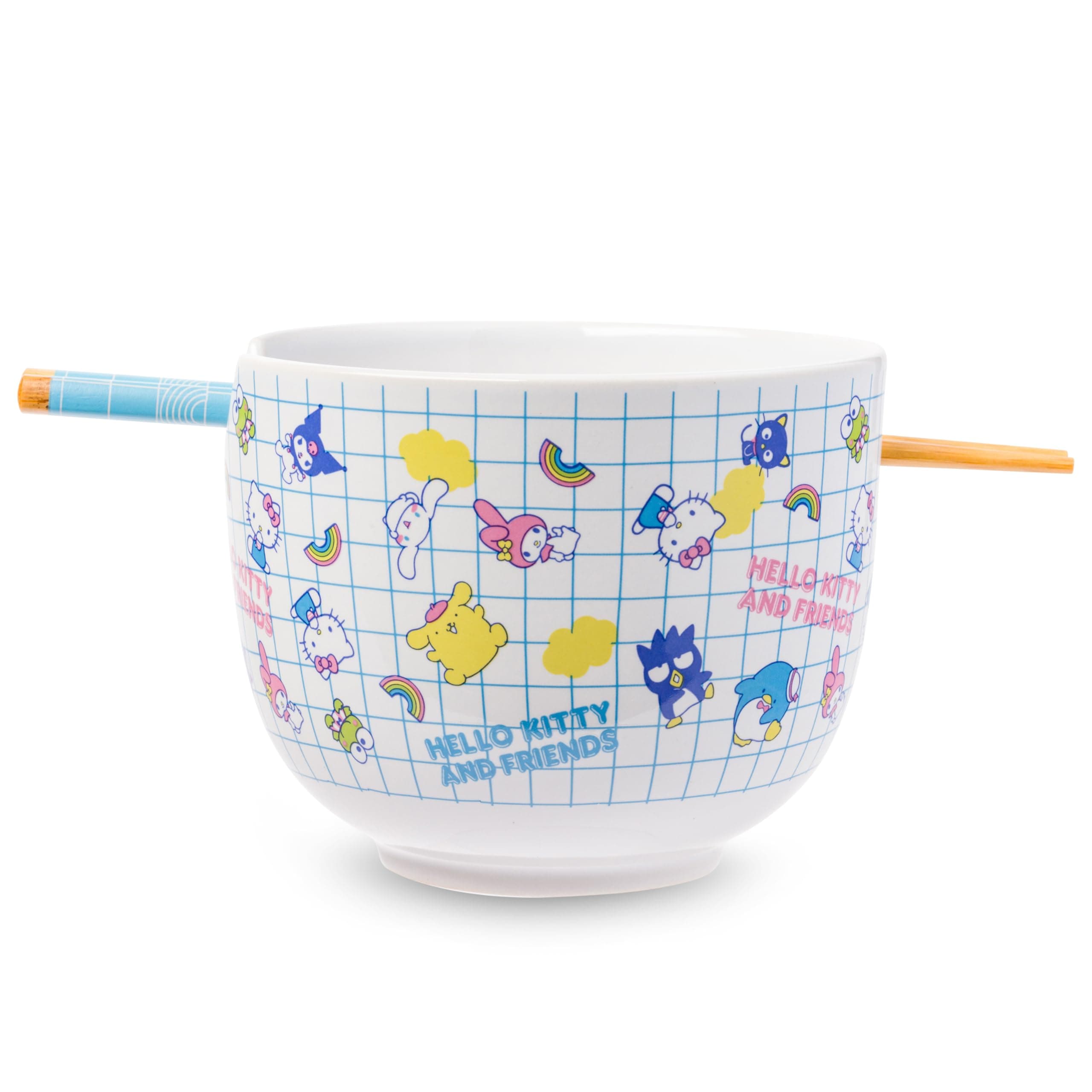 Hello Kitty and Friends Kuromi, Keroppi, Chococat, My Melody, Tuxedo Sam, Badtz-Maru, Tuxedo Sam, Pompompurin, Cinnamoroll Ceramic Ramen Noodle Rice Bowl with Chopsticks, 20 Ounces
