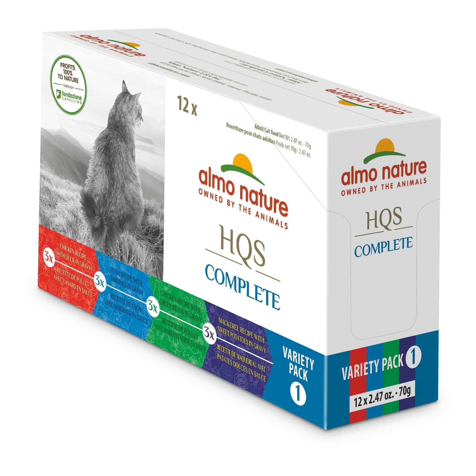 Almo Nature: HQS Complete Cat Variety Pack 1 - (12) 2.47oz Cans - 3 Each: Chicken-Duck, Tuna-Sardines, Chicken-Green Beans, Mackerel-Sweet Potatoes