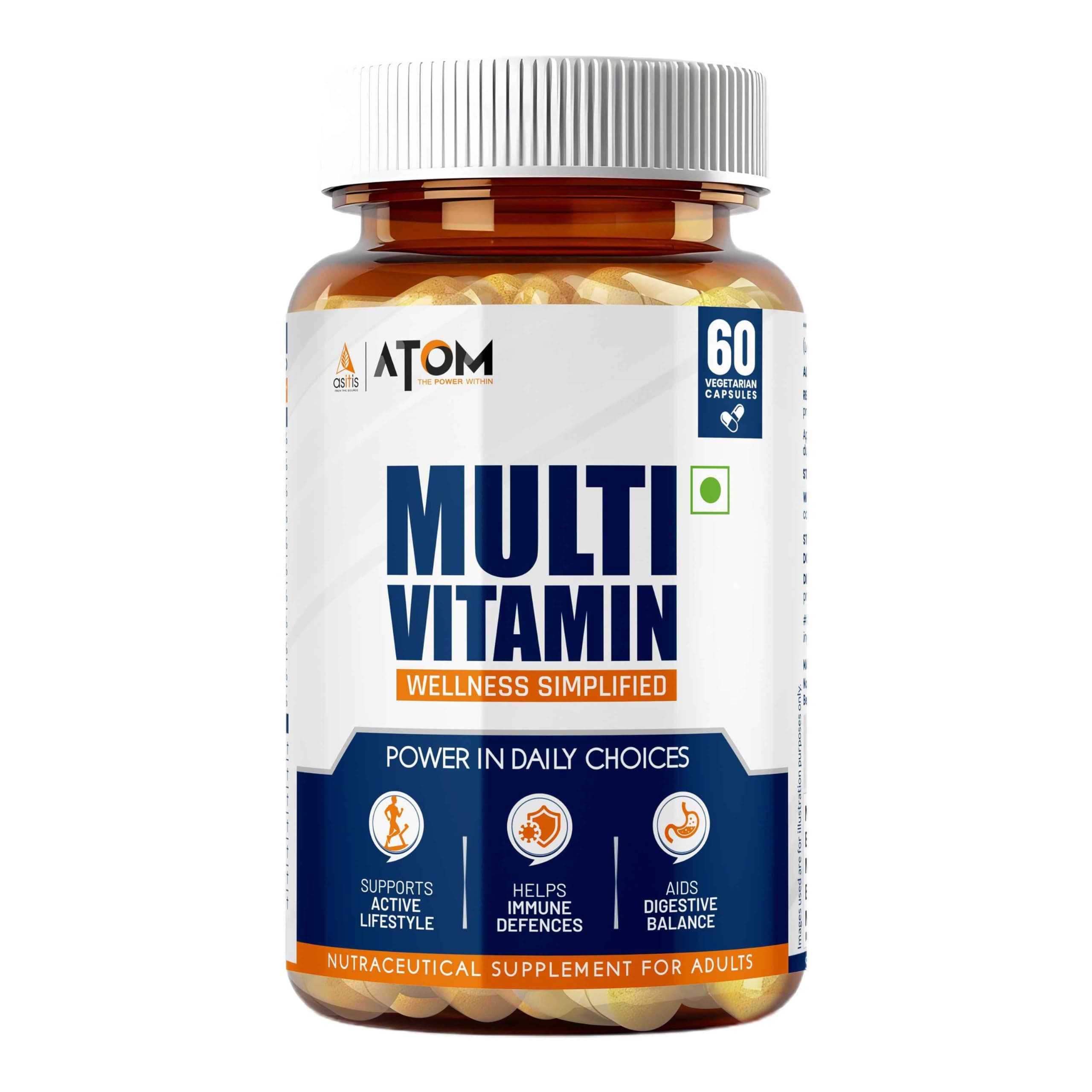 AS-IT-IS Nutrition ATOM Daily Multivitamin for Men & Women, 60 Capsules | Powerful Blend of 31 Vital Nutrients - Vitamins, Minerals, Herbal extracts & Probiotic for Enhancing Energy, Stamina & immunity| Supports Bone, Skin & Overall Health