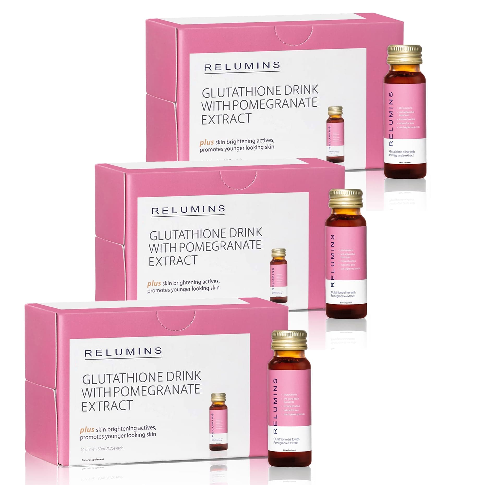 Relumins Glutathione Drink - Helps Promote Brighter and Firm Skin, Boosts Skin Collagen Content, Increases Skin Moisture for a Younger Looking Skin - Pomegranate Flavor, 50mL x 30 Gluta Shot Bottles