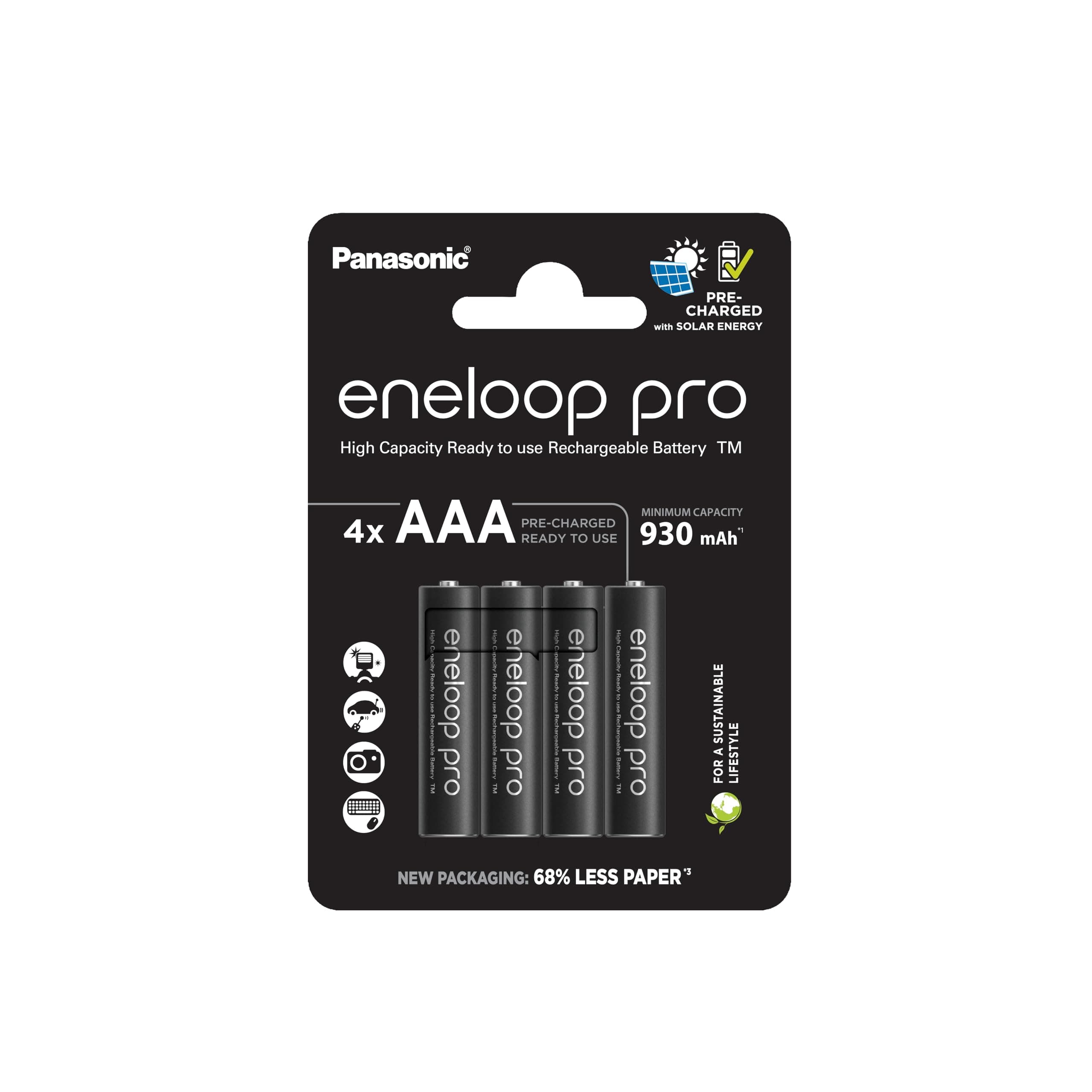 Pro, AAA/Micro, Rechargeable Battery, Pack of 4, Capacity of 930 mAh, Ready-to-Use Ni-MH Batteries, 500 Recharge Cycles, Plastic Free Packaging, Pro, Black