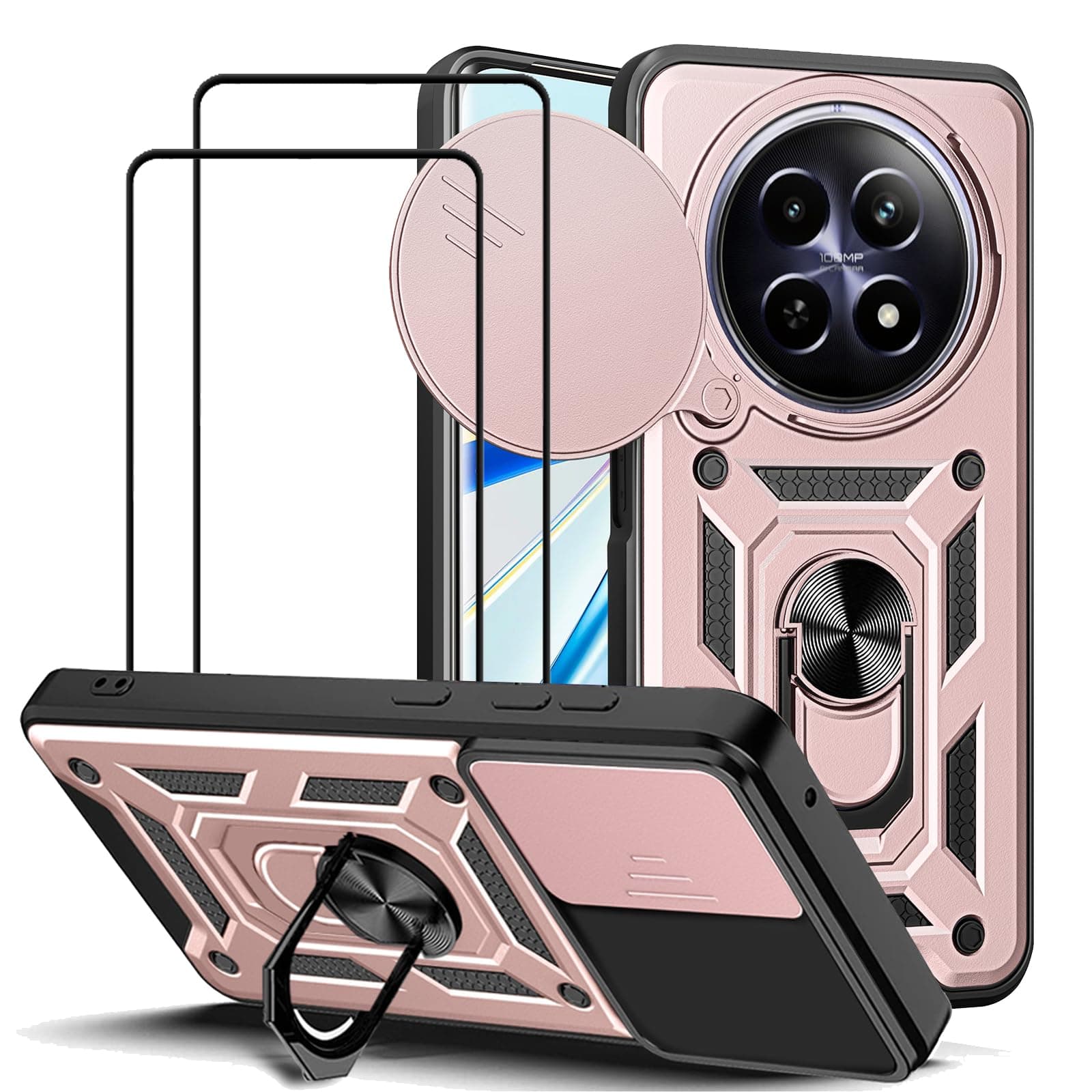 EasyLifeGo for itel RS4 4G Case with Slide Camera Cover and Stand Kickstand Ring with Tempered Glass Screen Protector [2 pieces],Military Grade Shockproof Protective Cover, Rose Gold