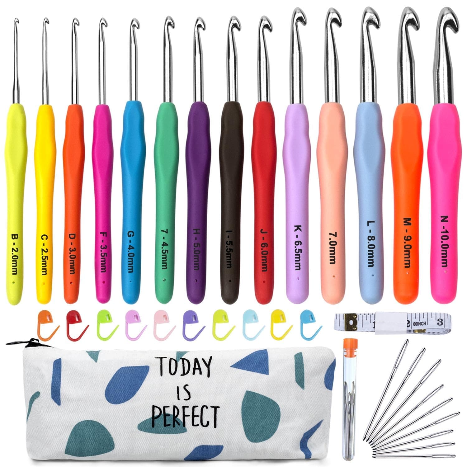 Crochet Hooks Set, 14Pcs Full Size Soft Handles Knitting Needles Kit + 10Pcs Crochet Locks + 9 Large Eye Hand Sewing Hooks + 1 60-Inch Tape Measure+Crochet Hook Case，Ideal Mother's Day Gift.