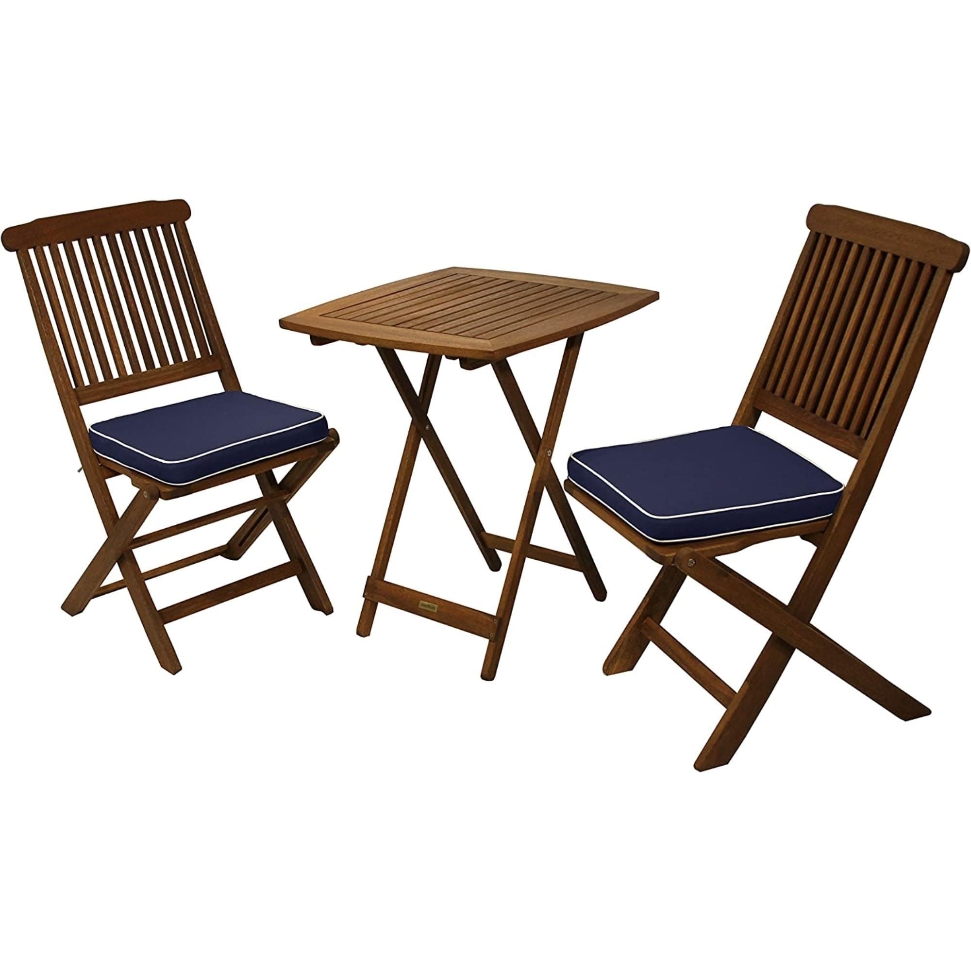 Outdoor Interiors Eucalyptus Wood 3-Piece Square Foldable Bistro Outdoor Furniture Patio Set, Table and 2 Chairs with Cushions, Blue