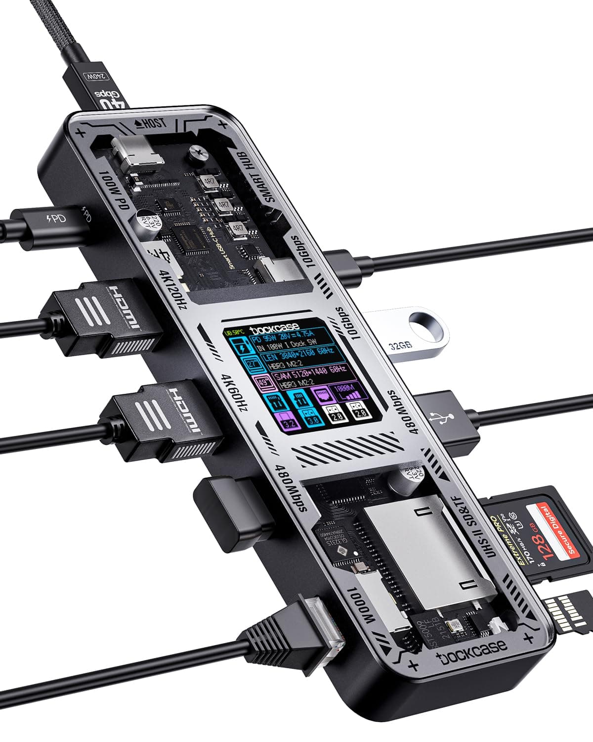 DOCKCASE Explorer Edition 10-in-1 USB C Hub Dual 4K HDMI Docking Station for 2 Monitors, Gigabit Ethernet, 1 USB-C and 3 USB-A Ports, 100w PD UHS-II TF/SD Card Reader for MacBook Pro, XPS and More