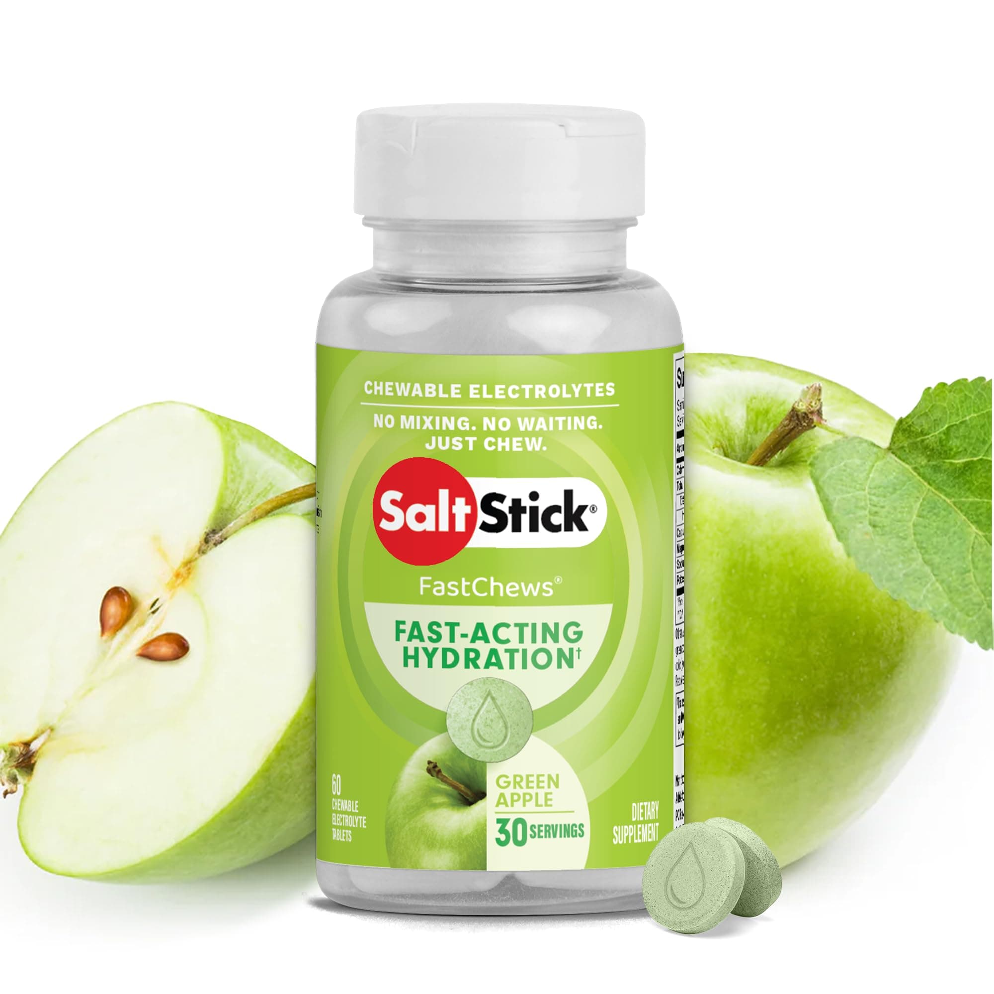 SaltStick Electrolyte FastChews - Green Apple Chewable Electrolyte Tablets - Salt Tablets for Runners, Electrolyte Chews for Hydration - 60 Count