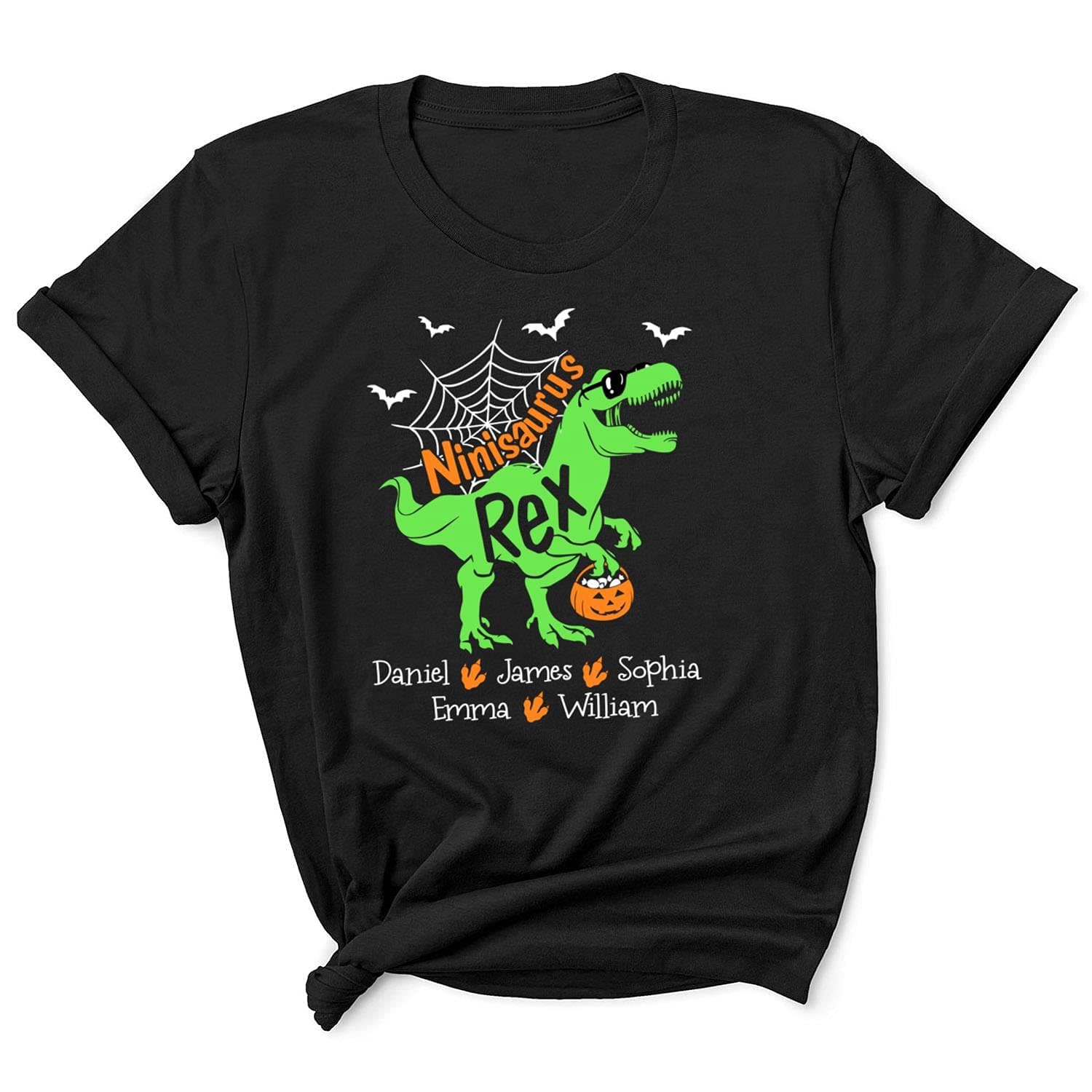 Halloween Nini Saurus, Personalized Grandkids Name with Candy Pumpkin Basket Short Sleeves, Family Matching Hallowween Costume for Grandmother with Bat and Spiderweb