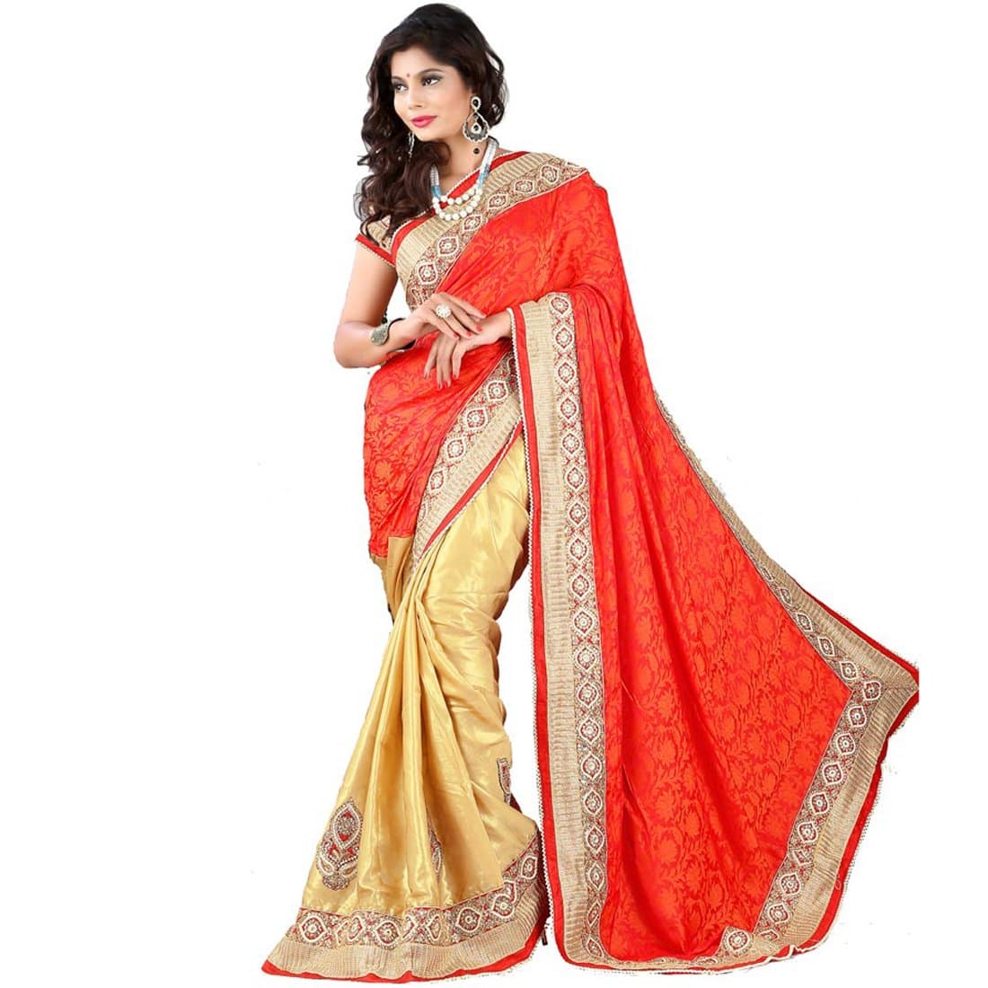 Women's Jacqurd Designer Indian Wedding Event Ethnic Part Wear Sari Free Size Red, Golden