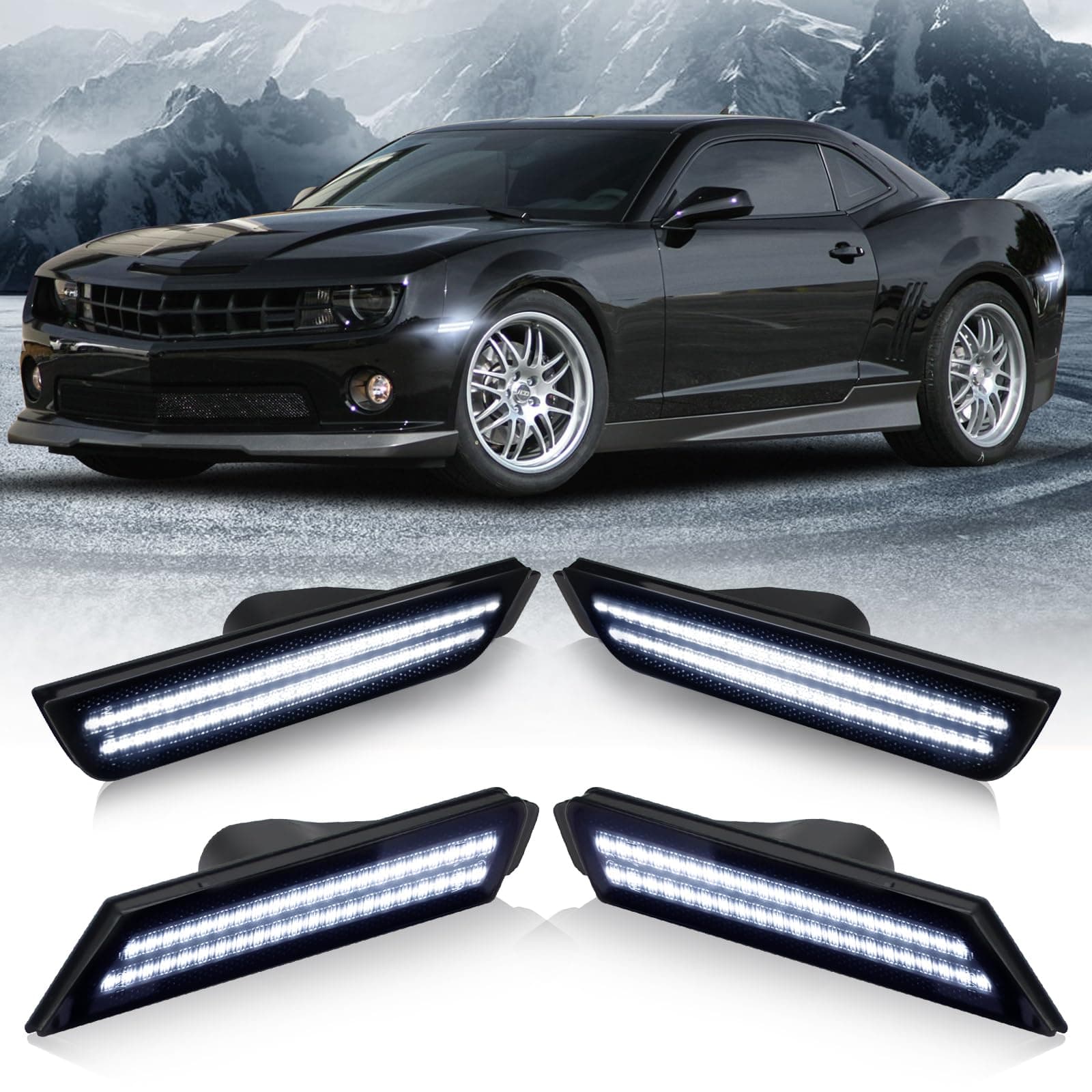 D-Lumina LED Side Marker Lights Smoked Lens for Chevy Camaro 2010 2011 2012 2013 2014 2015, 5th Gen Camaro Front Rear Bumper LED Sidemarker White, Pack of 4