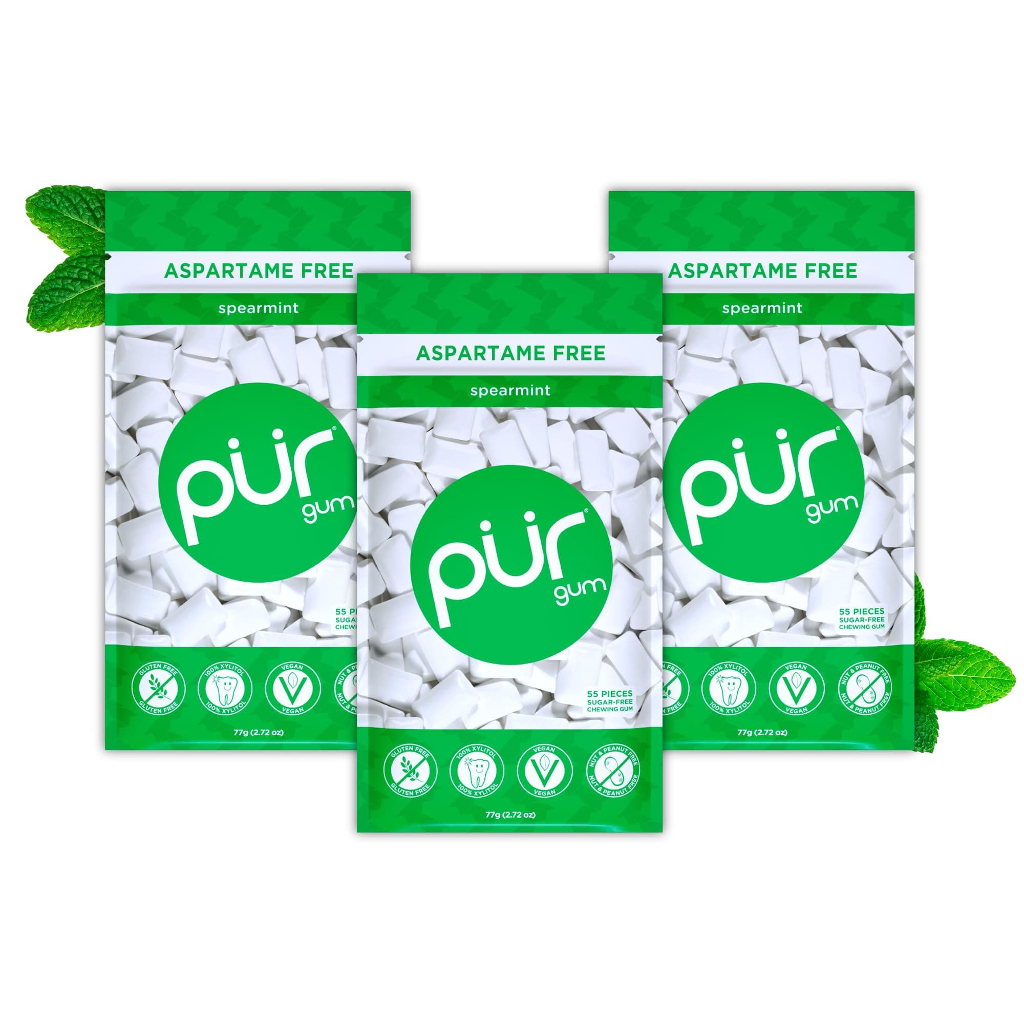 Aspartame Free Chewing Gum | 100% Xylitol | Natural Spearmint Flavored Gum, 55 Pieces (Pack of 3)