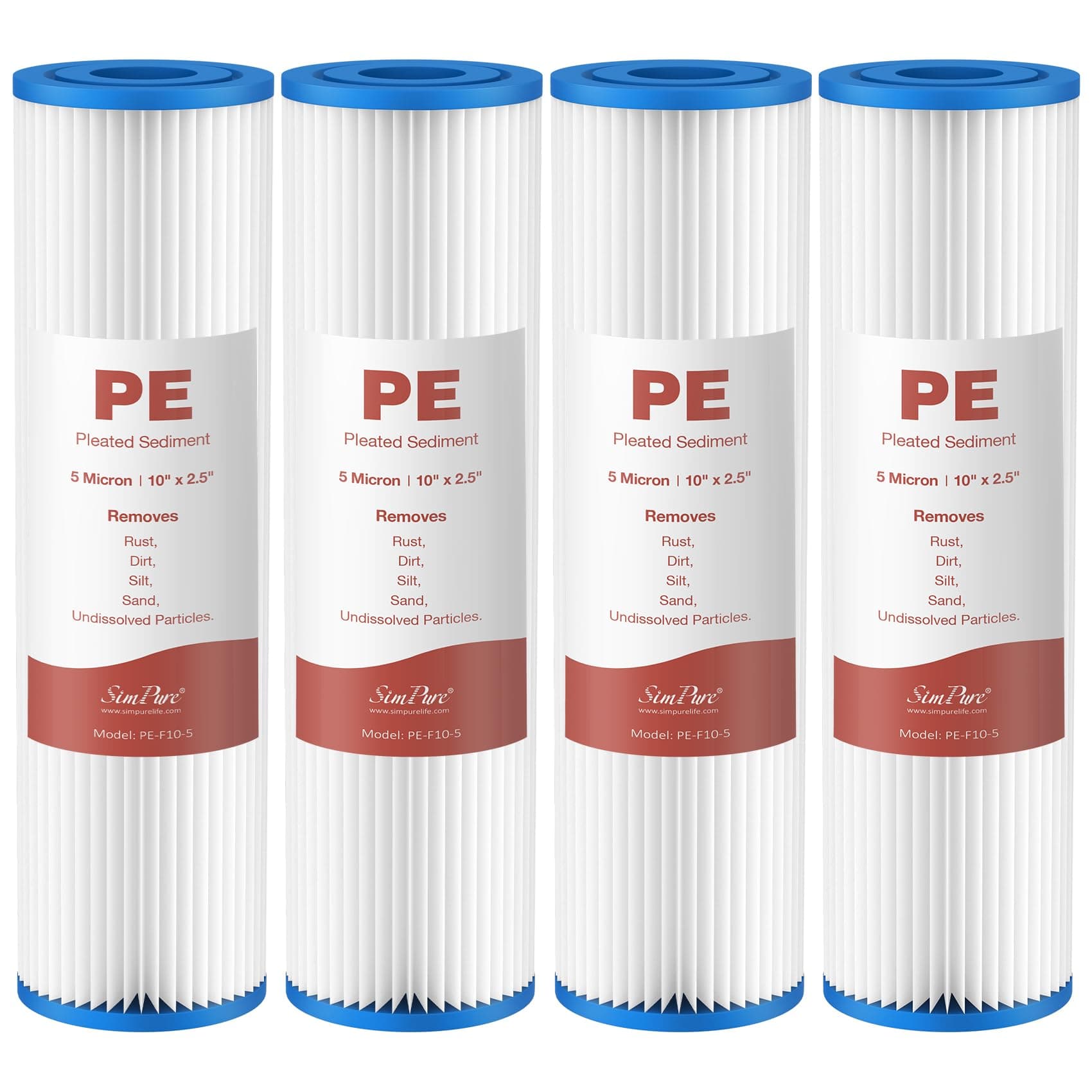 SimPure 10"x2.5" Pleated Polyester Sediment Water Filter Replacement Cartridge 5 Micron Whole House Pre-Filter Compatible with W50PE, WFPFC3002, SPC-25-1050, FM-50-975 - 4 Pack