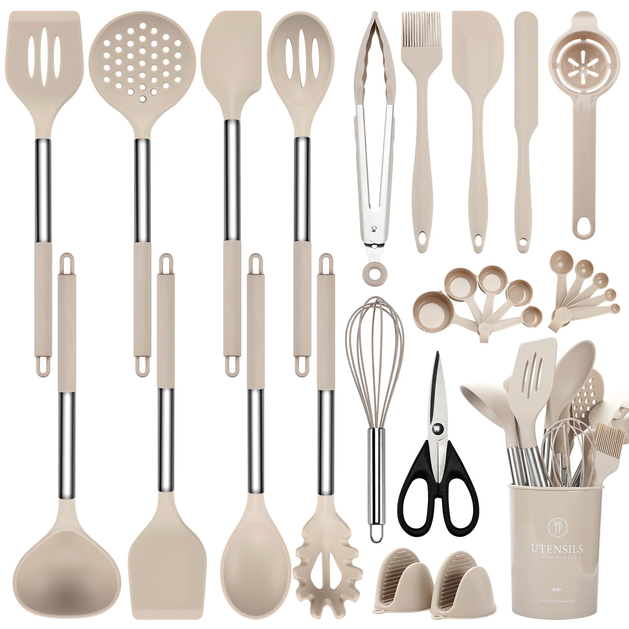 Cooking Utensils Set, 28 Pcs Silicone Kitchen Utensils Set with Holder, Silicone Whisk, Spatulas, Scissors, Measuring Cups and Spoons Set with Stainless Steel Handle Kitchen Gadgets (Khaki)
