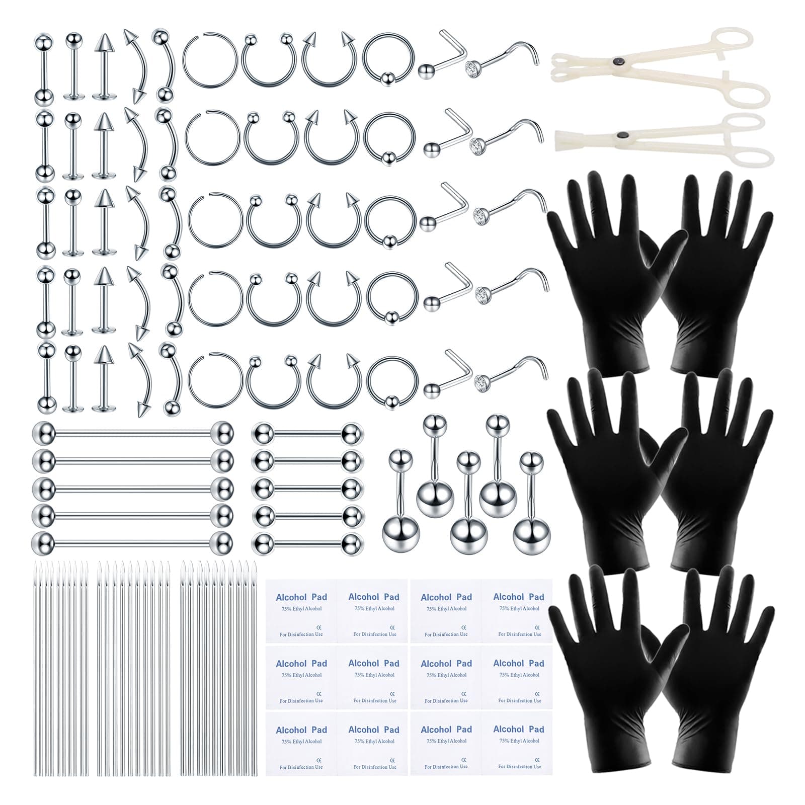120PCS Body Piercing Kit Surgical Steel 14G 16G 20G BCR CBR Labret Lip Rings Cartilage Daith Earrings Nose Septum Nose Studs Belly Button Rings Jewelry Needles Gloves Clamps Tools