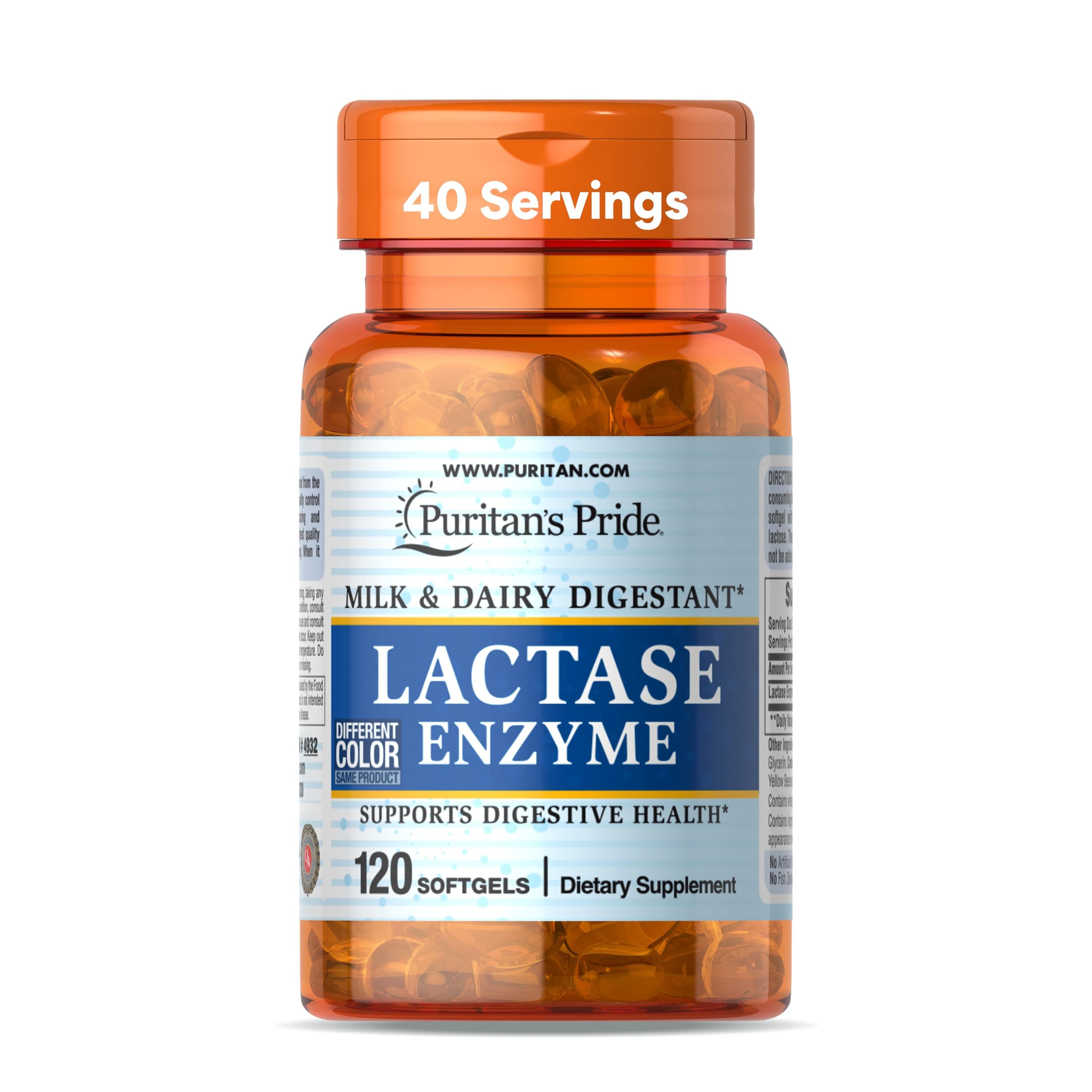 Puritan's Pride Lactase Enzyme, Milk and Dairy Digestant, Dietary Supplement Support for Digestion, and Cellular Energy Support, 40 Day Supply, 120 Softgels