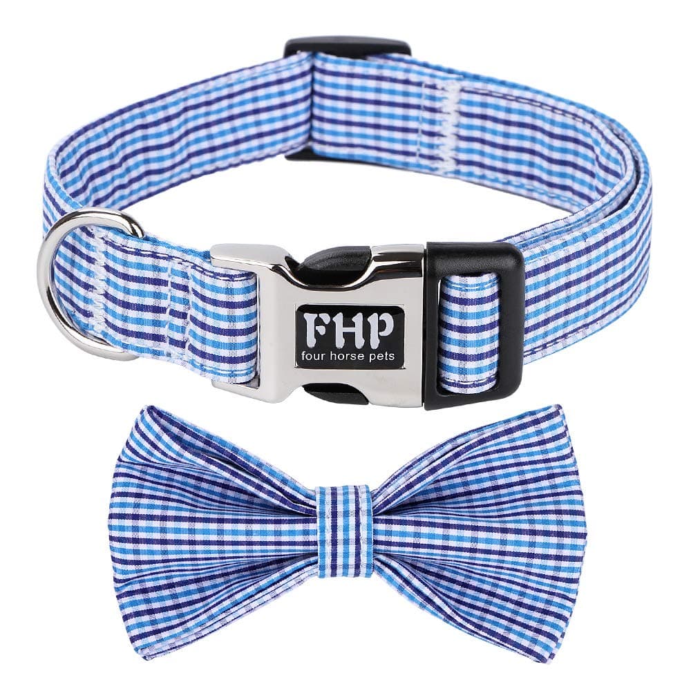 Cute Soft Dog and Cat Collar with Bowtie, Detachable Adjustable Bow Tie Collar Pet Gift (L, Blue Grid)
