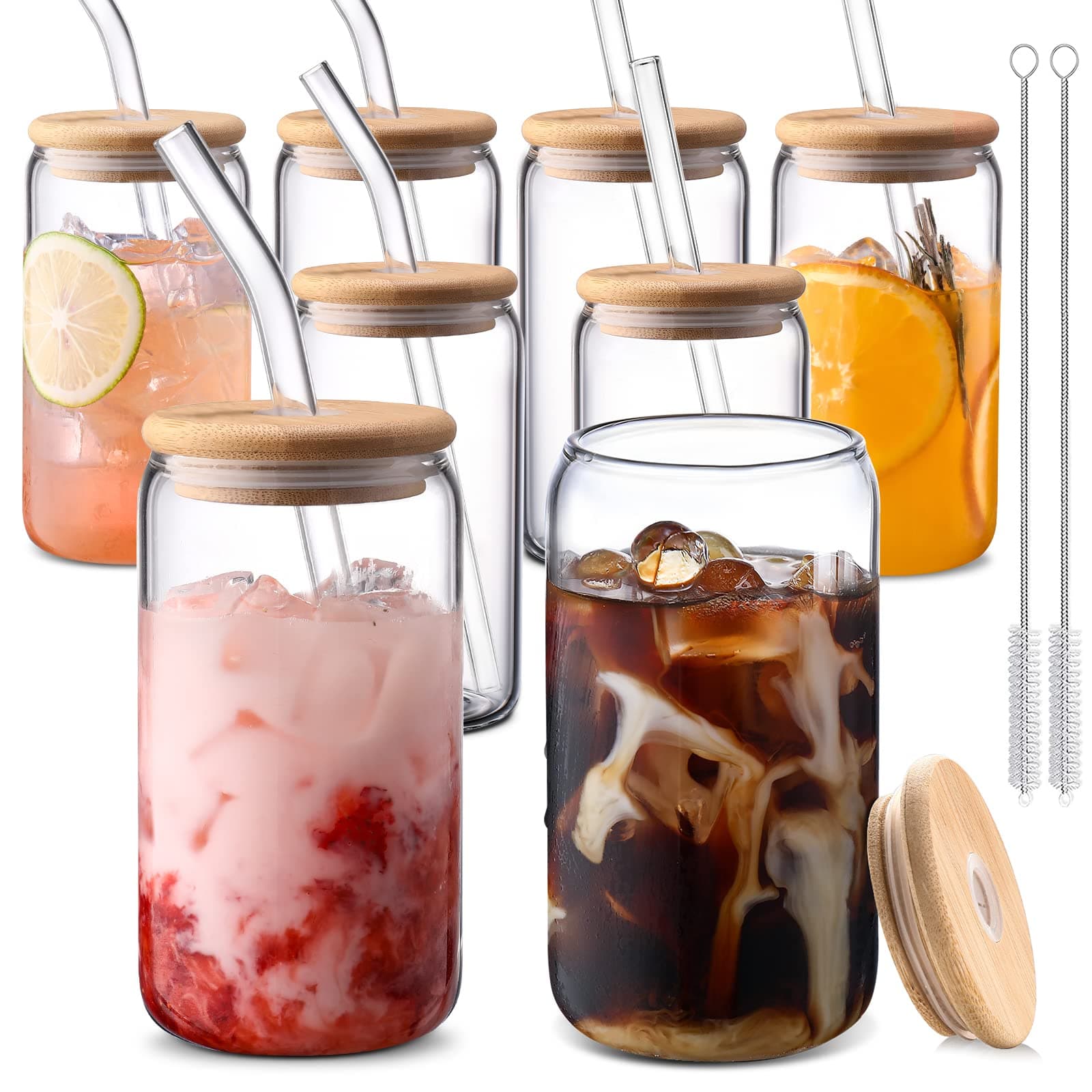 DWTS DANWEITESIGlass Cups with Lids and Straws 8 pcs,16 oz Glass Iced Coffee Cups with Lids-DWTS Clear Glass Coffee Cups,Cute Glass Cups for Coffee Bar Accessories Gifts