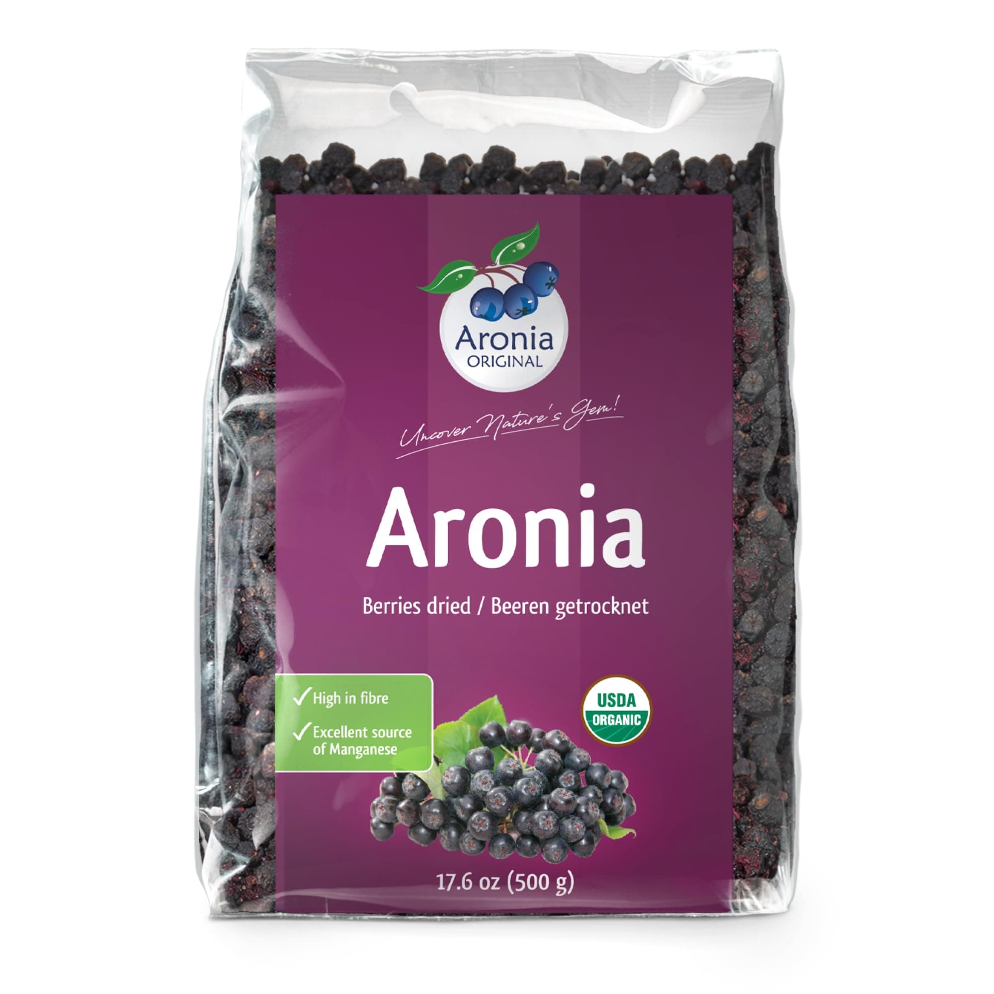 Organic Dried Aronia Berries 17.6 oz (500 g) - Unsweetened Black Chokeberries, Gently Dried After Harvest - Vegan, Non-GMO, No Sulfites or Additives