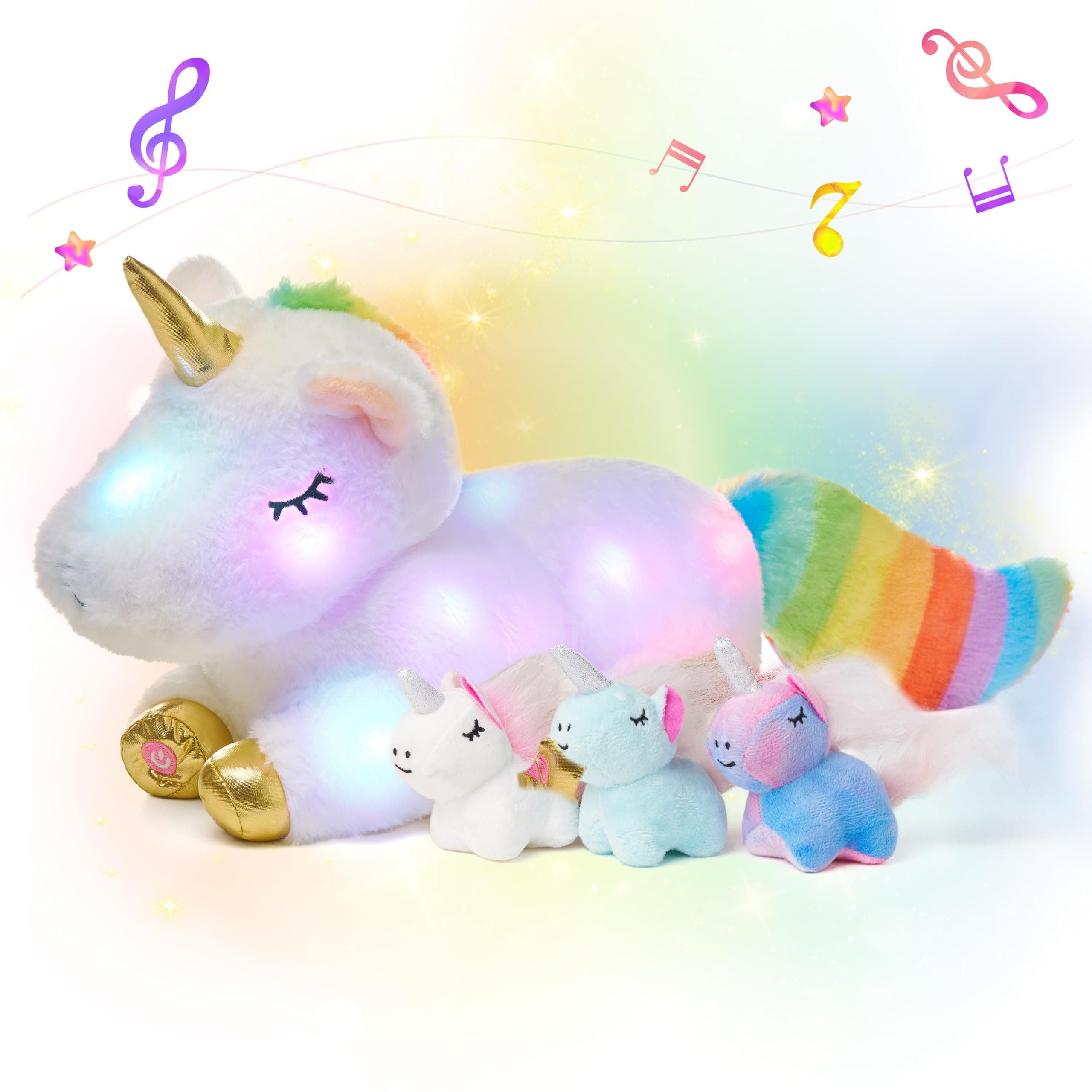 LED Musical Stuffed Unicorn Playset Lighting Up Singing Plush Toy Mommy Unicorn with 3 Baby Unicorns in her Tummy Adjustable Volume Lullaby Animated Soothe Gifts for Kids Girls, White, 19''