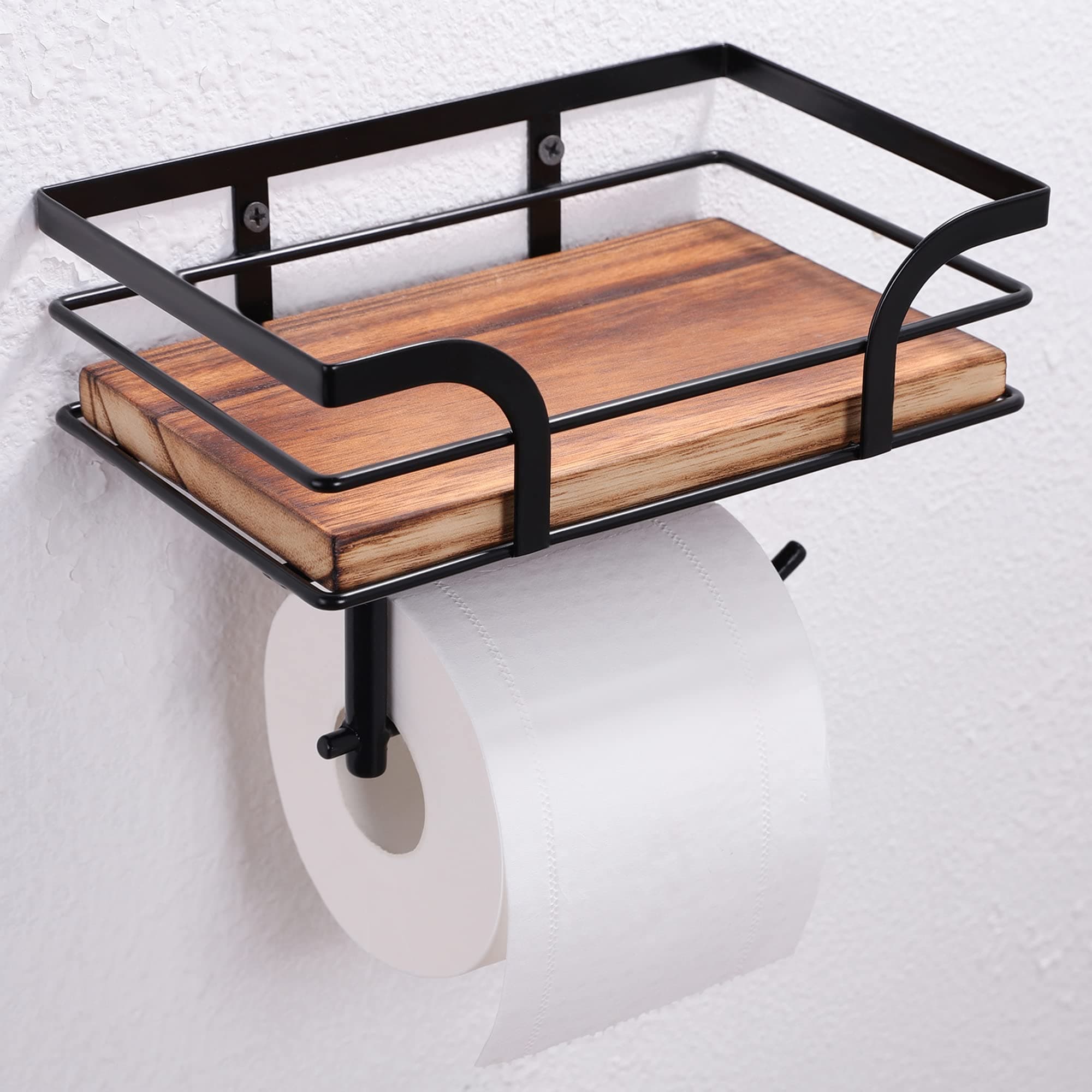 Rustic Farmhouse Toilet Paper Holder with Shelf - Farmhouse Bathroom Rustic Country Decor - Rustic Bathroom Accessories with Warm Brown Wood Shelf for Wipes&Cell Phone&Reading, Black Metal