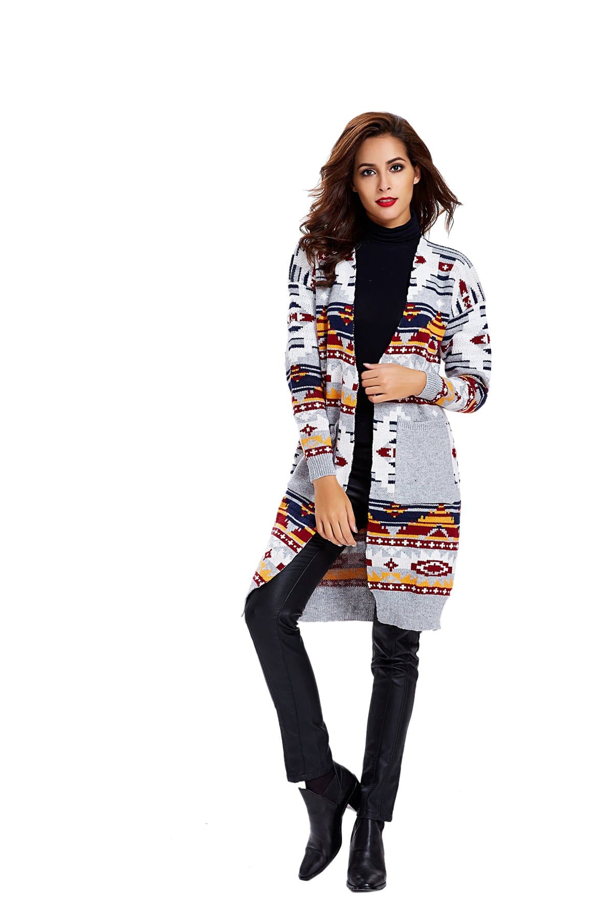 Women's Front Open Geometry Knit Cardigan Sweater Poncho Cape Cloak,Grey,One Size